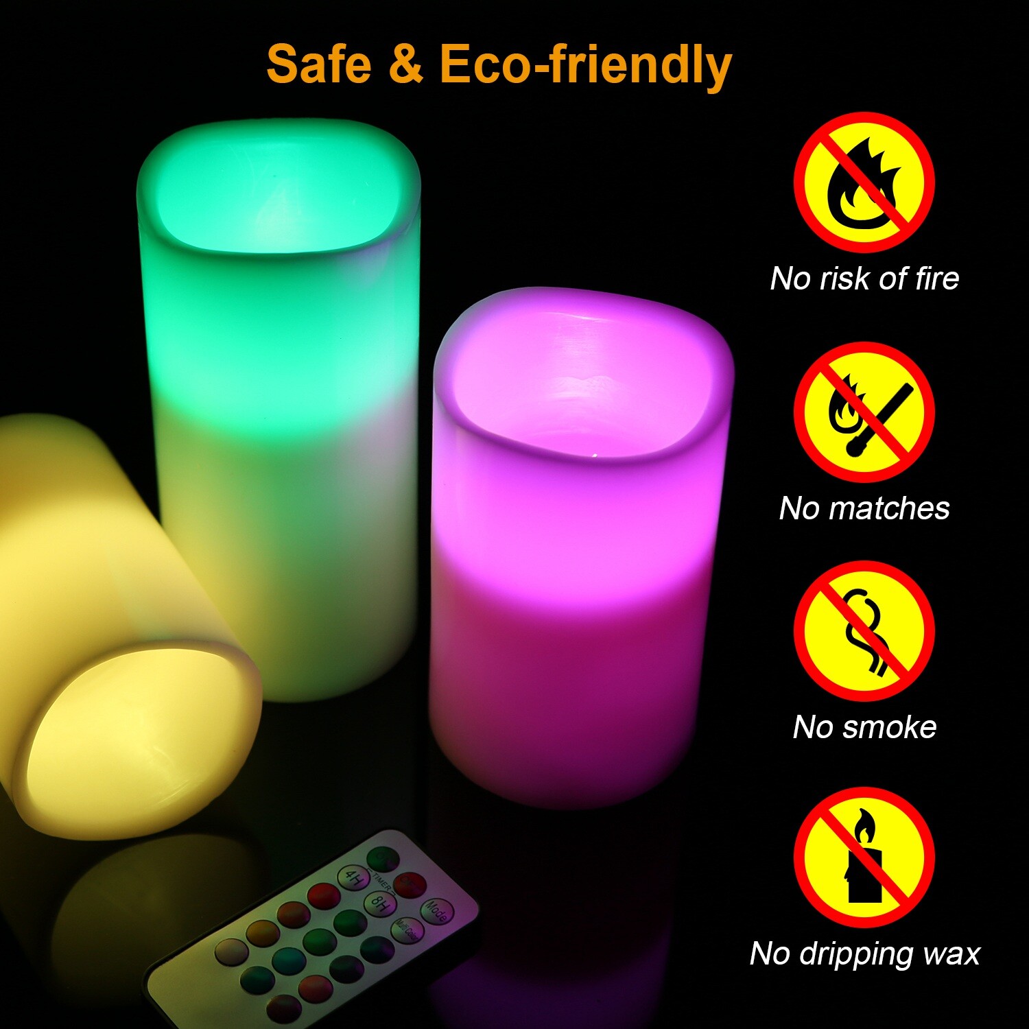 3pc LED Flameless Candles 4″ 5″ 6″ Pillar 12 Color Changing w/ Remote Control