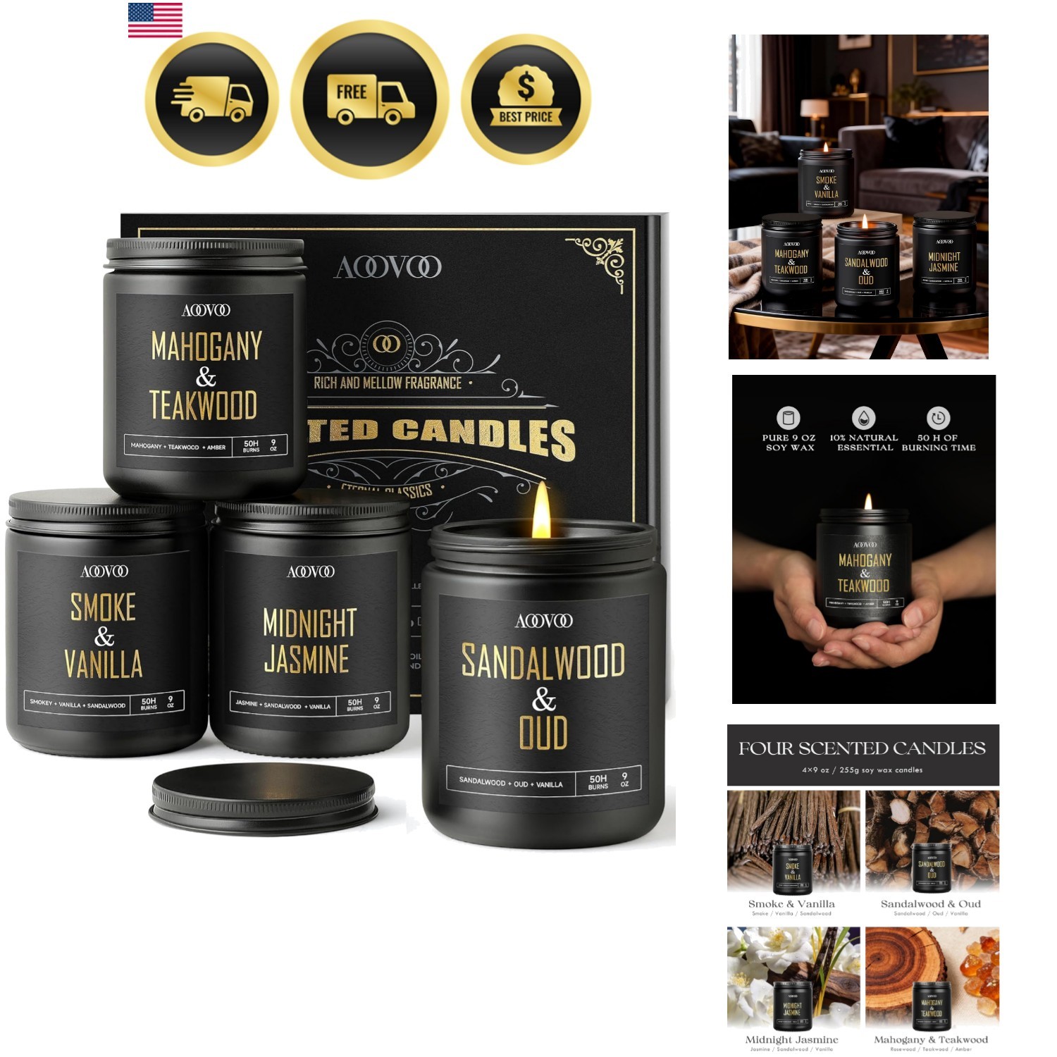 Scented Candles for Men – 4 Pack Candles for Home Scented, 36oz Soy Wax, 200 …