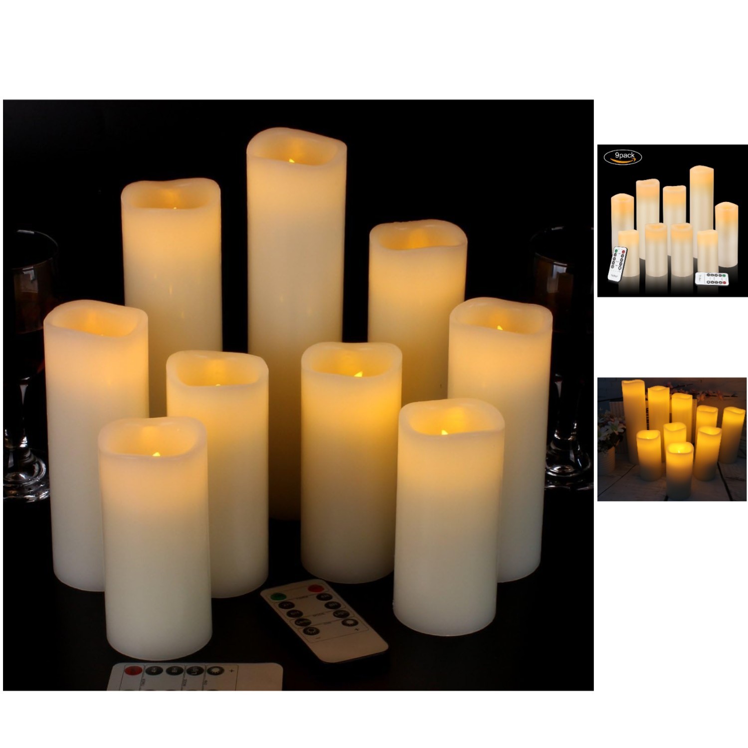 Set of 9 Cordless Ivory Flameless Pillar Candles with Remote Control & Timer