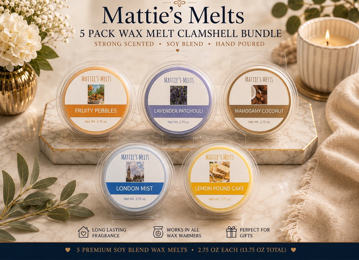 5 Pack Wax Melts Strong Scented Clamshell Bundle Home Fragrance Gift Set