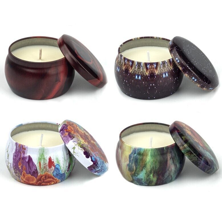 Aromatic Therapy Candles Assorted 4 Scents Tin Hard Can Deluxe Gift Box No Smoke