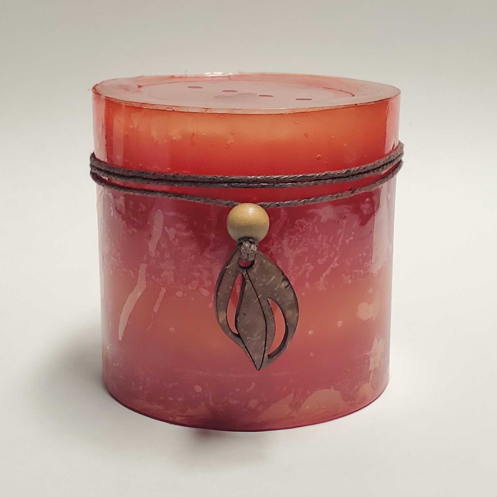Pier 1 Island Orchard Scented Pillar Candle 4×4 Orange Red Ombre Leaf Charm New