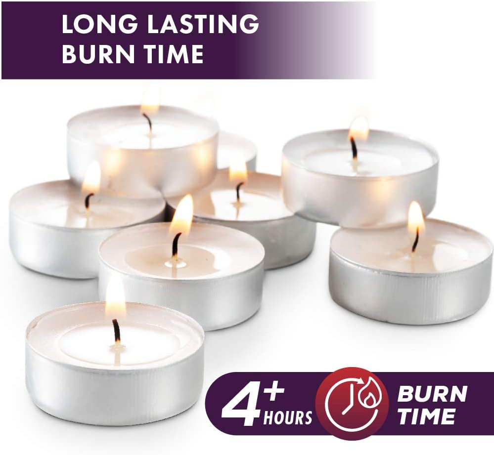 Unscented Tea Light Candles 100 Pack | 4-Hour Long Burn, Smokeless, Dripless