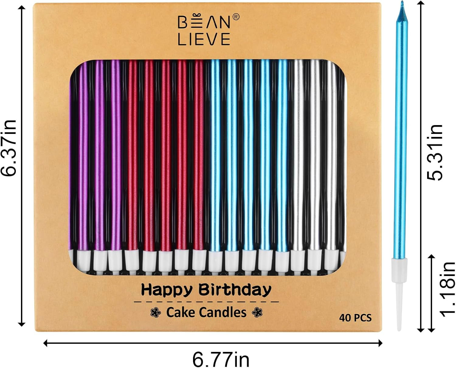 40-Count Color Birthday Candles – Long Thin Metallic Candles, Cake Candles, Birt