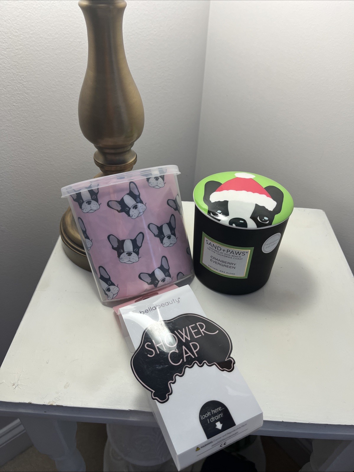 Christmas Sand + Paws Boston Terrier Candle & Shower Cap Set, French Bulldog NWT