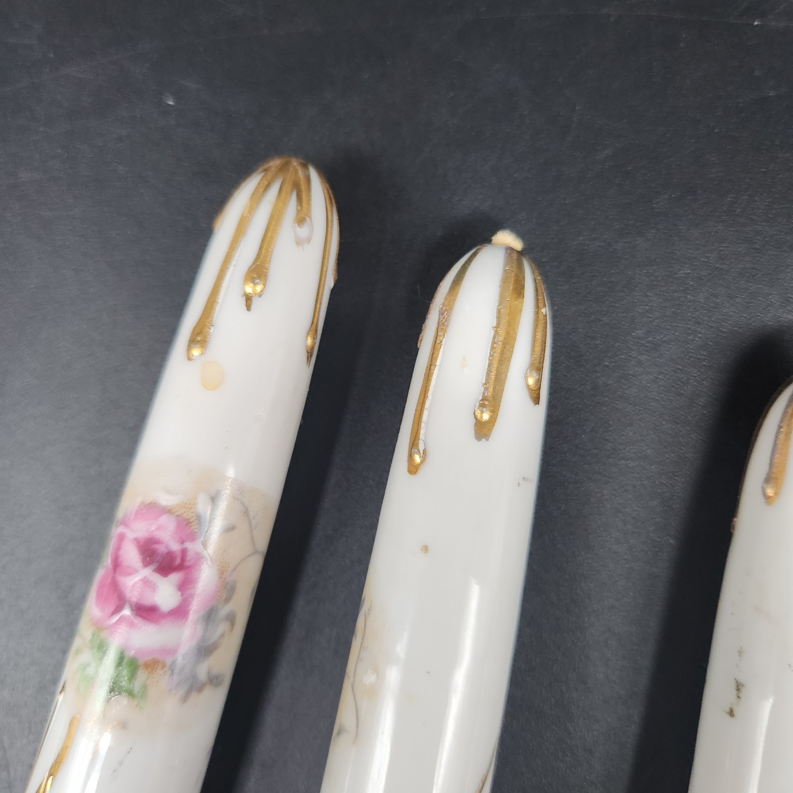 Set of 4 Antique? Porcelain Faux Taper Candles Hand Painted Floral Gold Accents