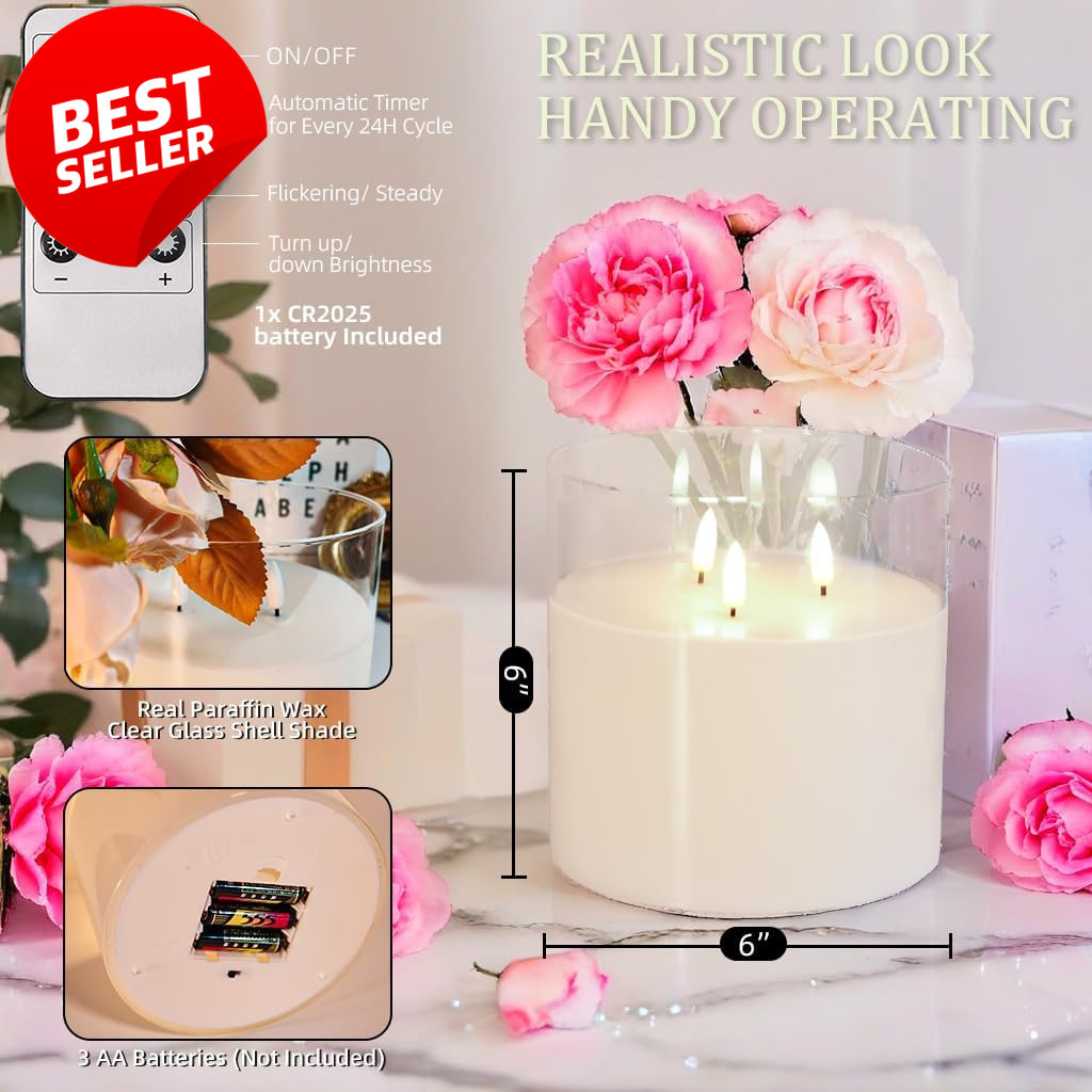 6x6in 3 Wick Flameless LED Candle Real Wax Glass Remote White Decor – US