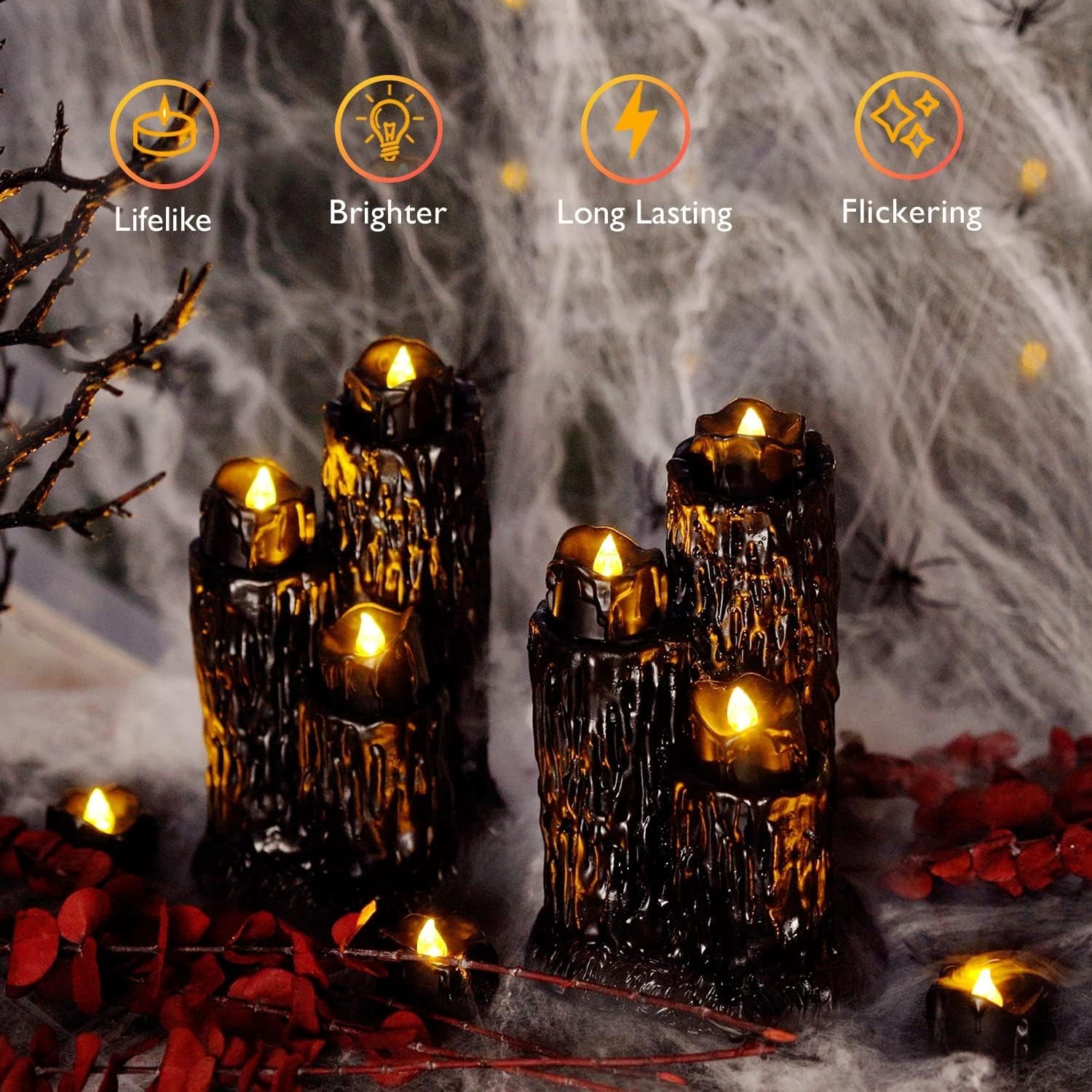 24-Pack Halloween Black Dripping Flameless Tea Lights, Battery Operated Flickeri