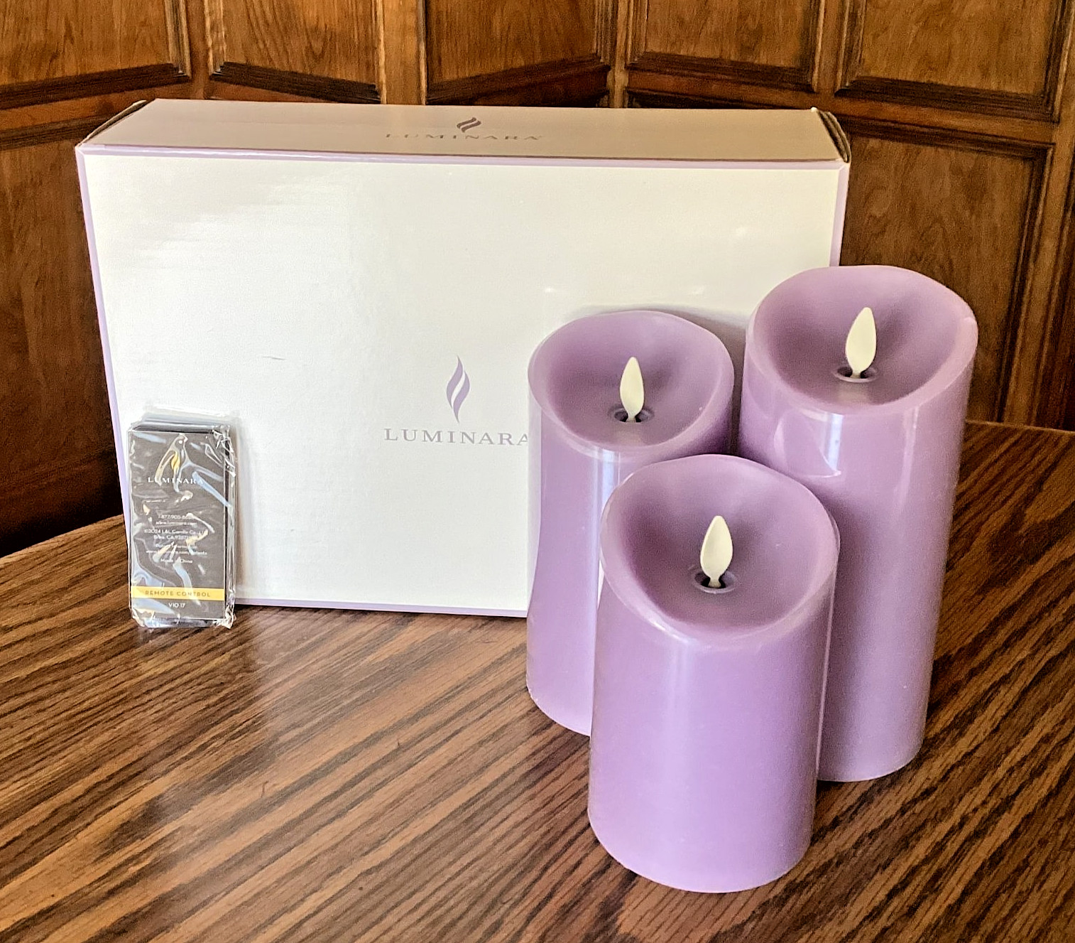 Luminara S/3 Assorted Flameless WISTERIA Pillars in Gift Box with Remote FREE SH