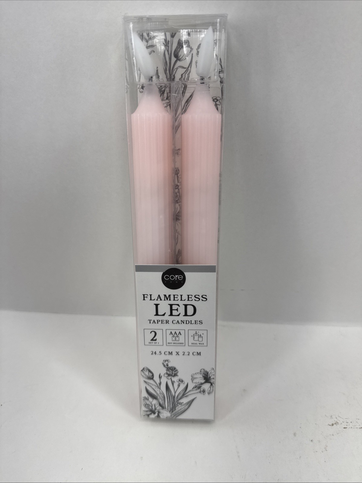 Flameless Real Wax LED Taper Candles 2-Pack Unscented Light Pink Ribbed NIP