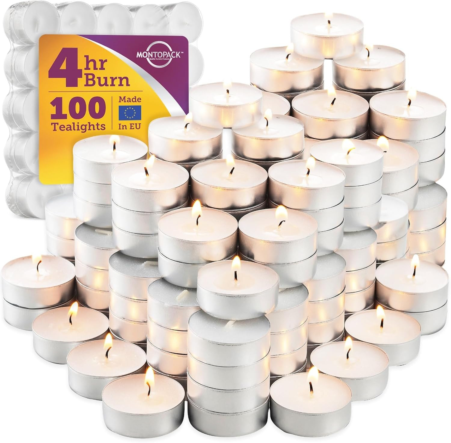 Unscented Tea Light Candles 100 Pack | 4-Hour Long Burn, Smokeless, Dripless
