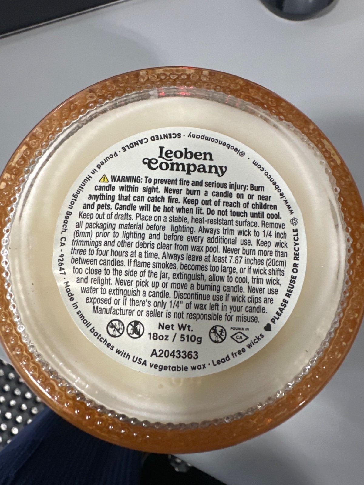 Leoben No 12 Jasmine Saffron Glass Candle 18 Oz 1 Wick Vegan Soy Wax Blend NEW