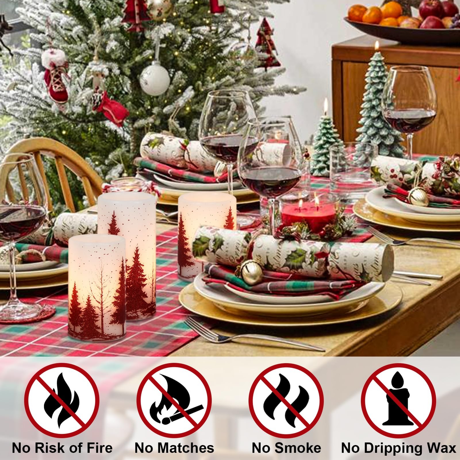 Flameless Candles 3 Pack 3×4/5/6 Inches Red Christmas Tree Decal – 6 Hour Timer