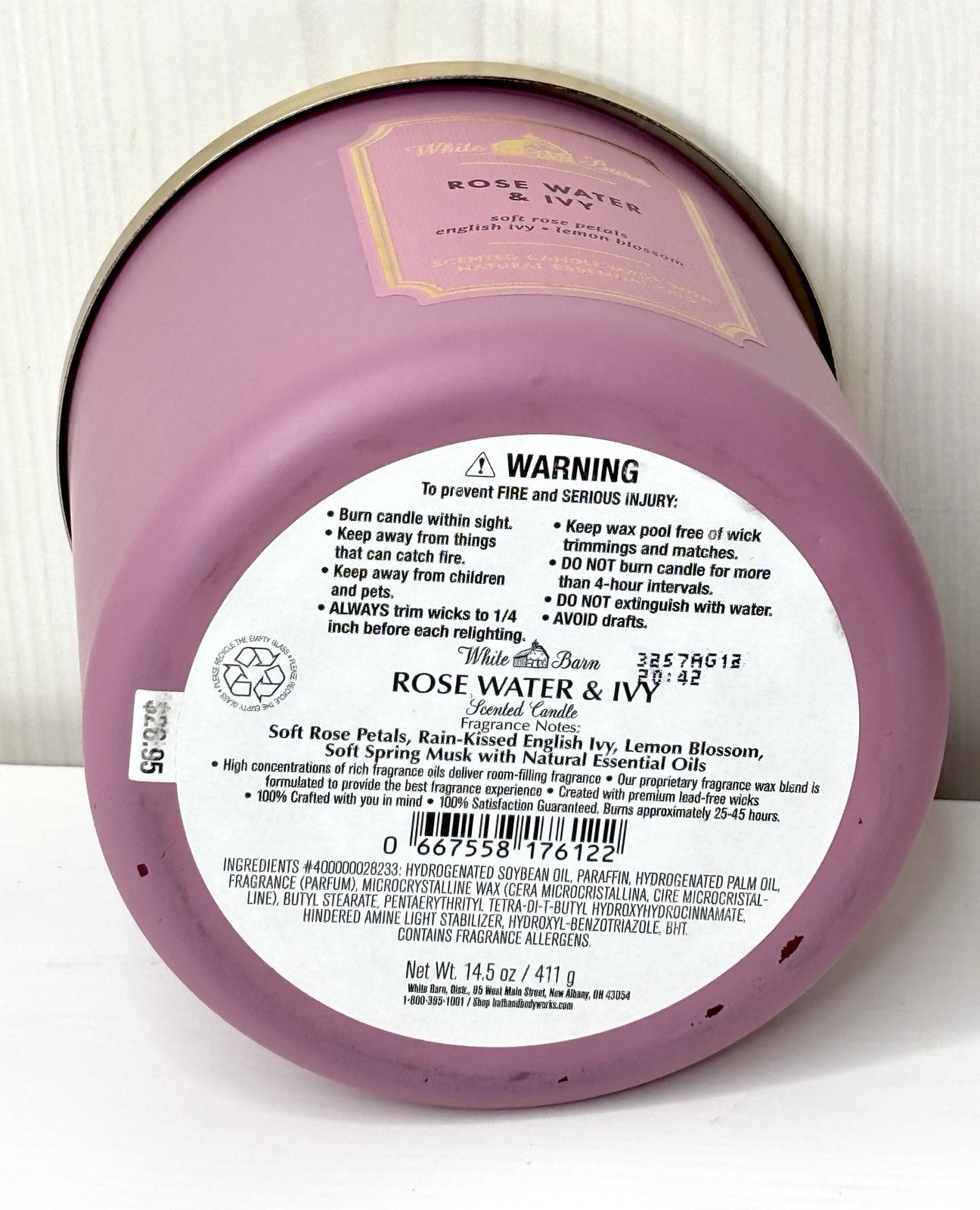 White Barn Rose Water & Ivy Spring Floral Natural Essential Oils 3-Wick Candle