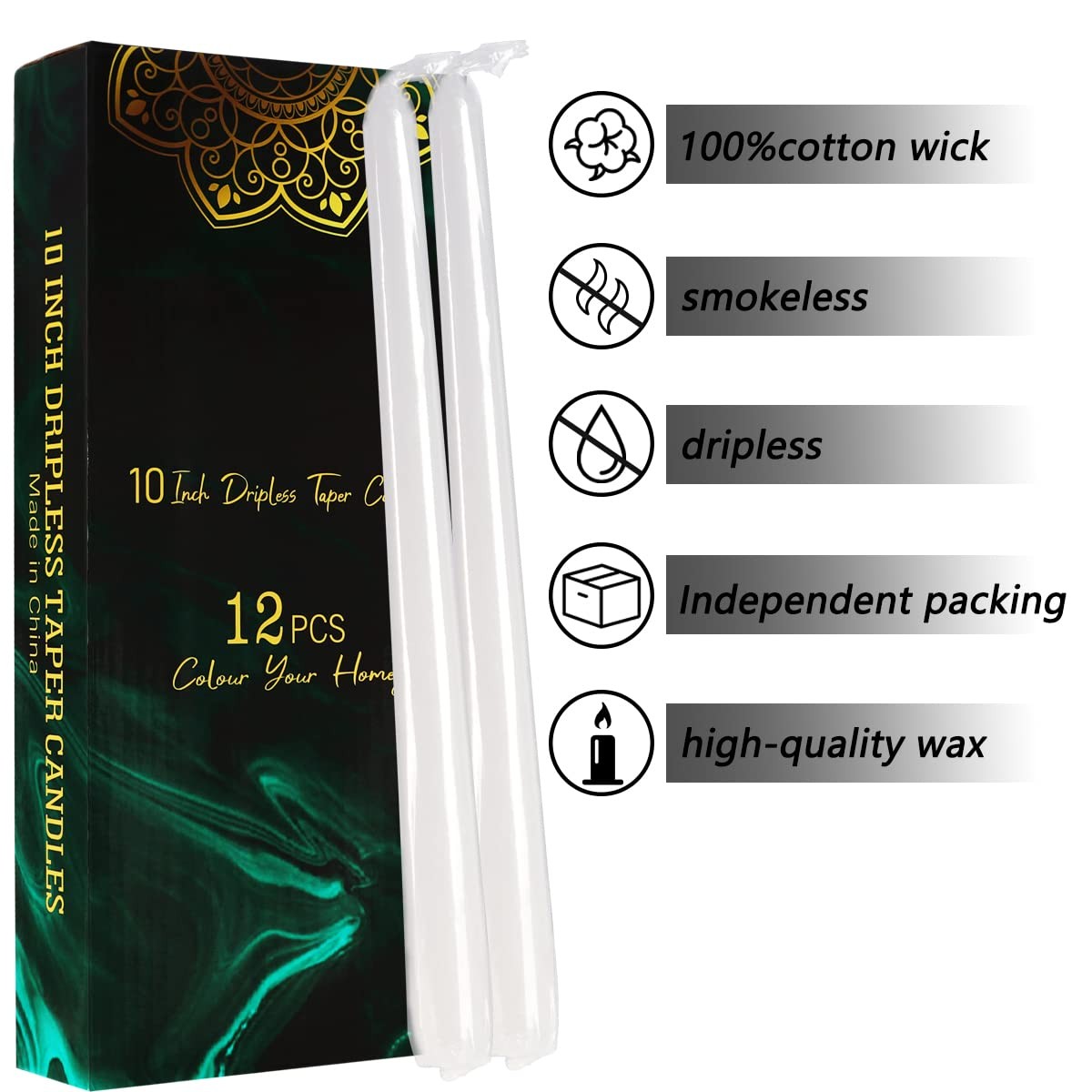 Dripless Taper Candles Unscented White Long Burning 10 Inch Tall 12 Pack