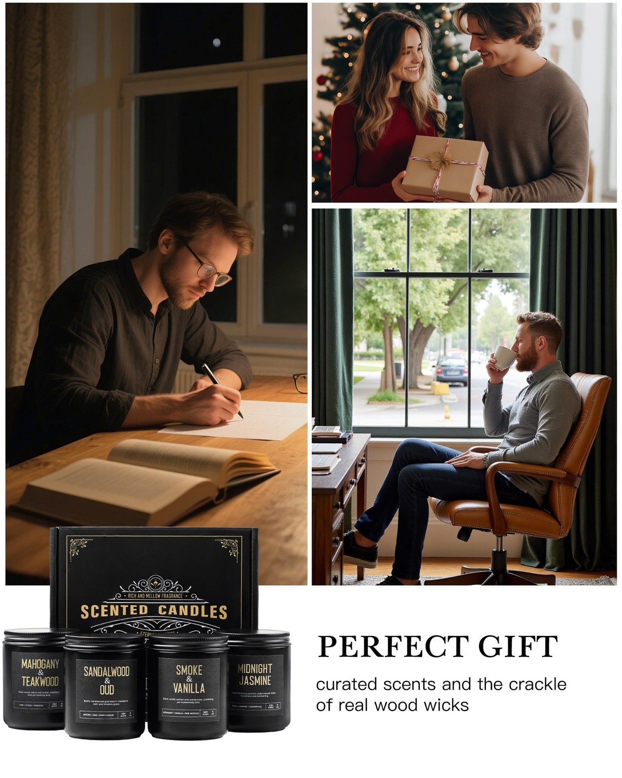 Men’s Candle Gift Set, 4 Pack Crackling Wood Wick Soy Scented Candles, 36oz M