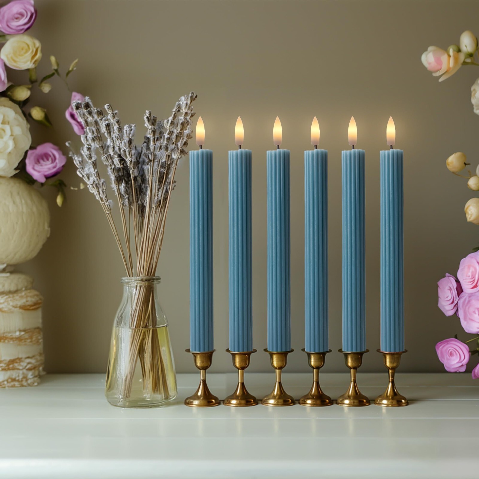 10″ Fluted Ribbed LED Blue Grooved Pillar Candles Remote & 24h Timer Memory