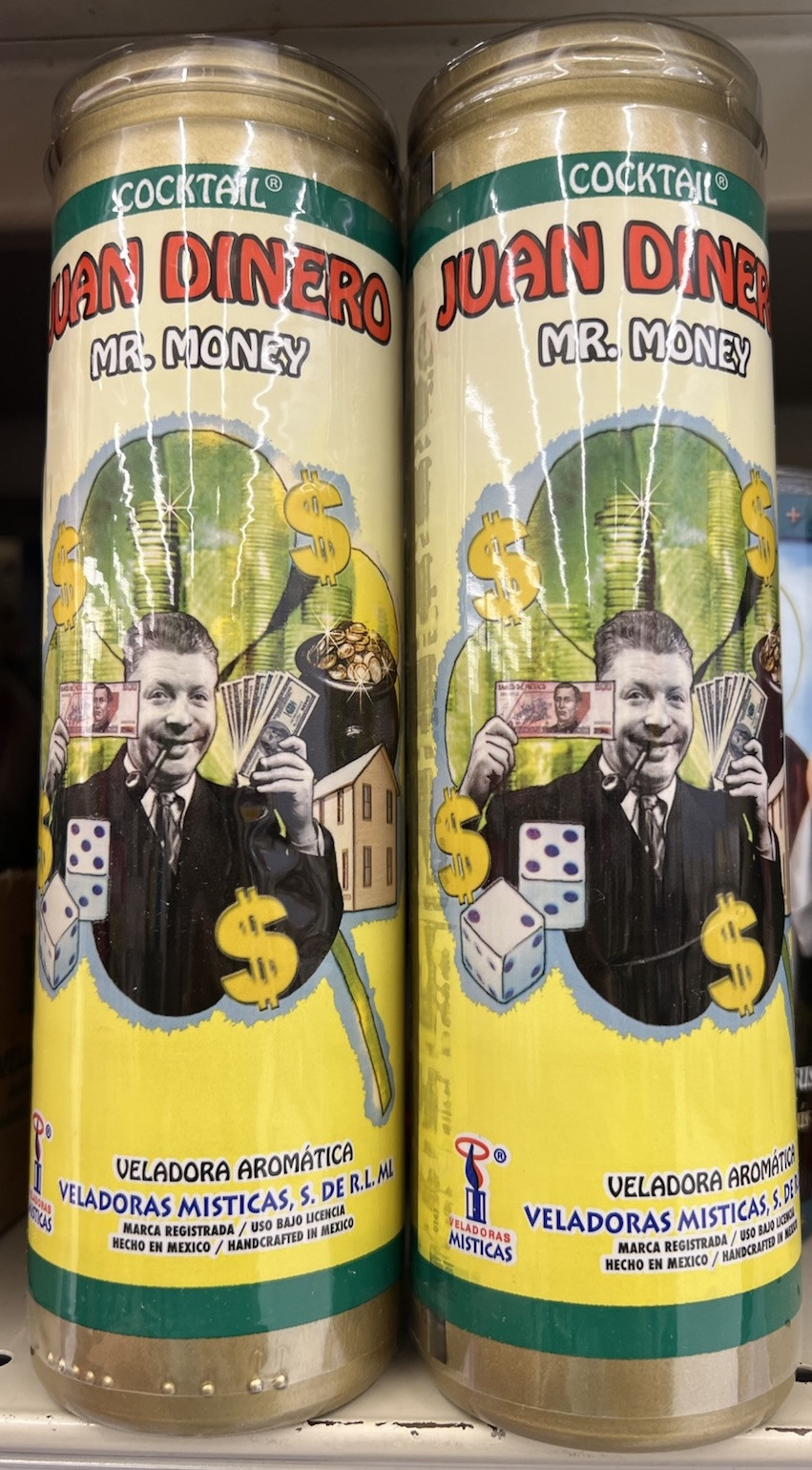 1- VELADORA JUAN DINERO AMARILLO. MR. MONEY YELLOW CANDLE. Prayer On Back.