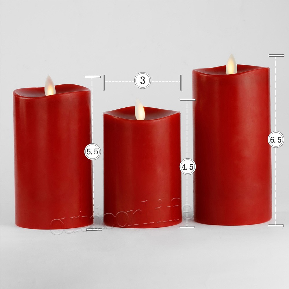 Set of 3 Luminara Flameless Moving Flame Pillar Wax Candles with Remote Burgundy