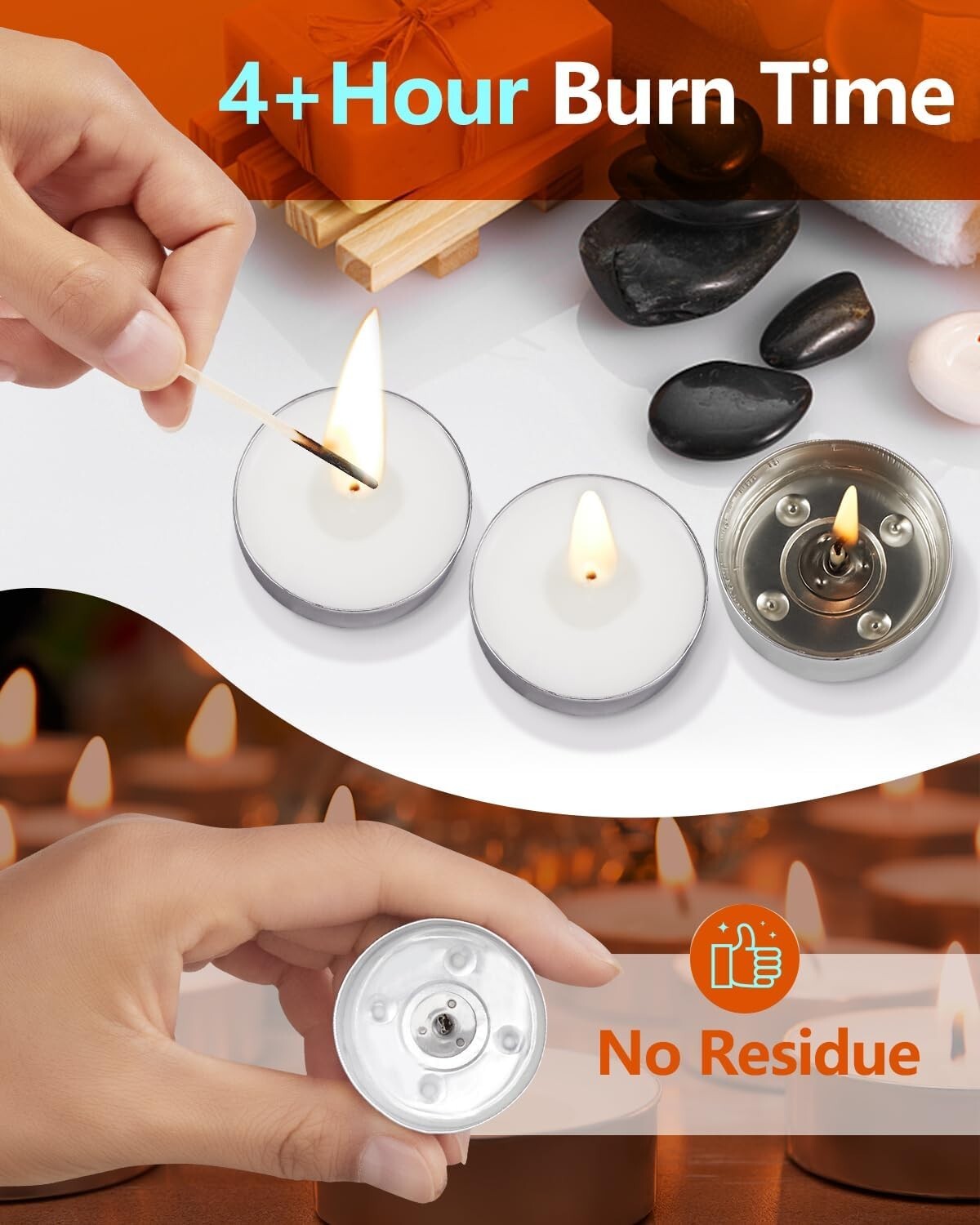 Tea Light Candles 100 Pack – Unscented, Smokeless, 4+ Hour Burn for Home Decor