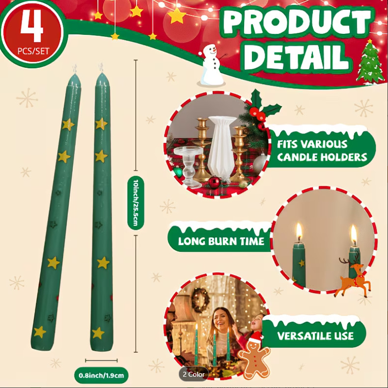4pcs/ Set Christmas Taper Candles, 10 inches Tall Unscented Christmas Candles