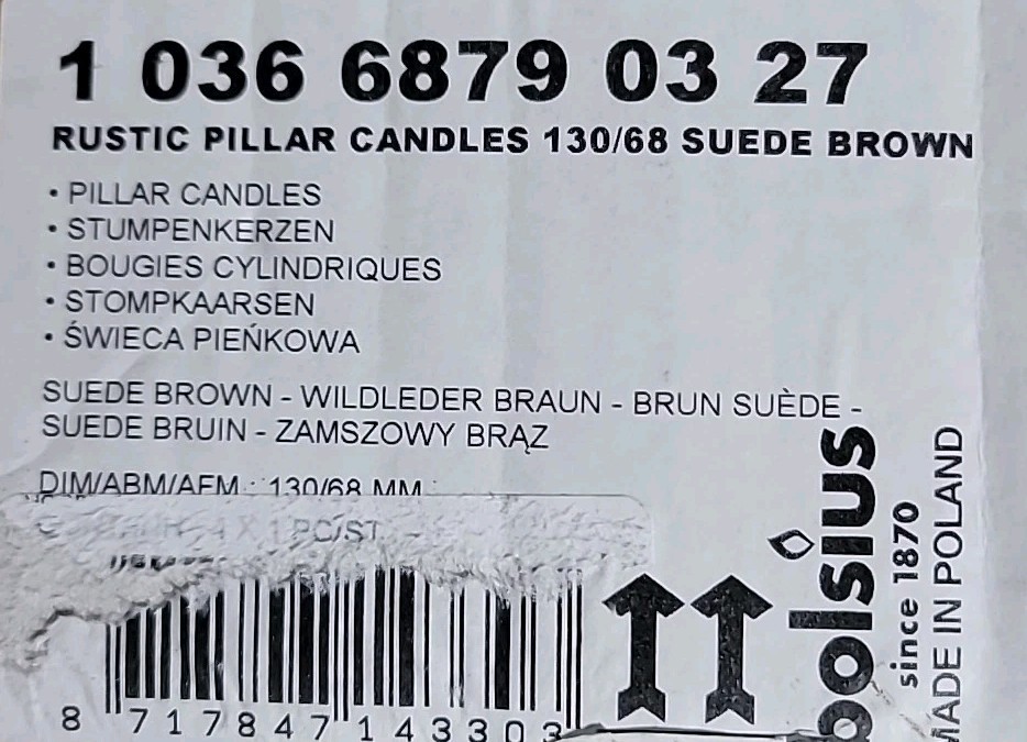 Pillar Candles Rustic Suede Brown Made In Poland Set Of Four