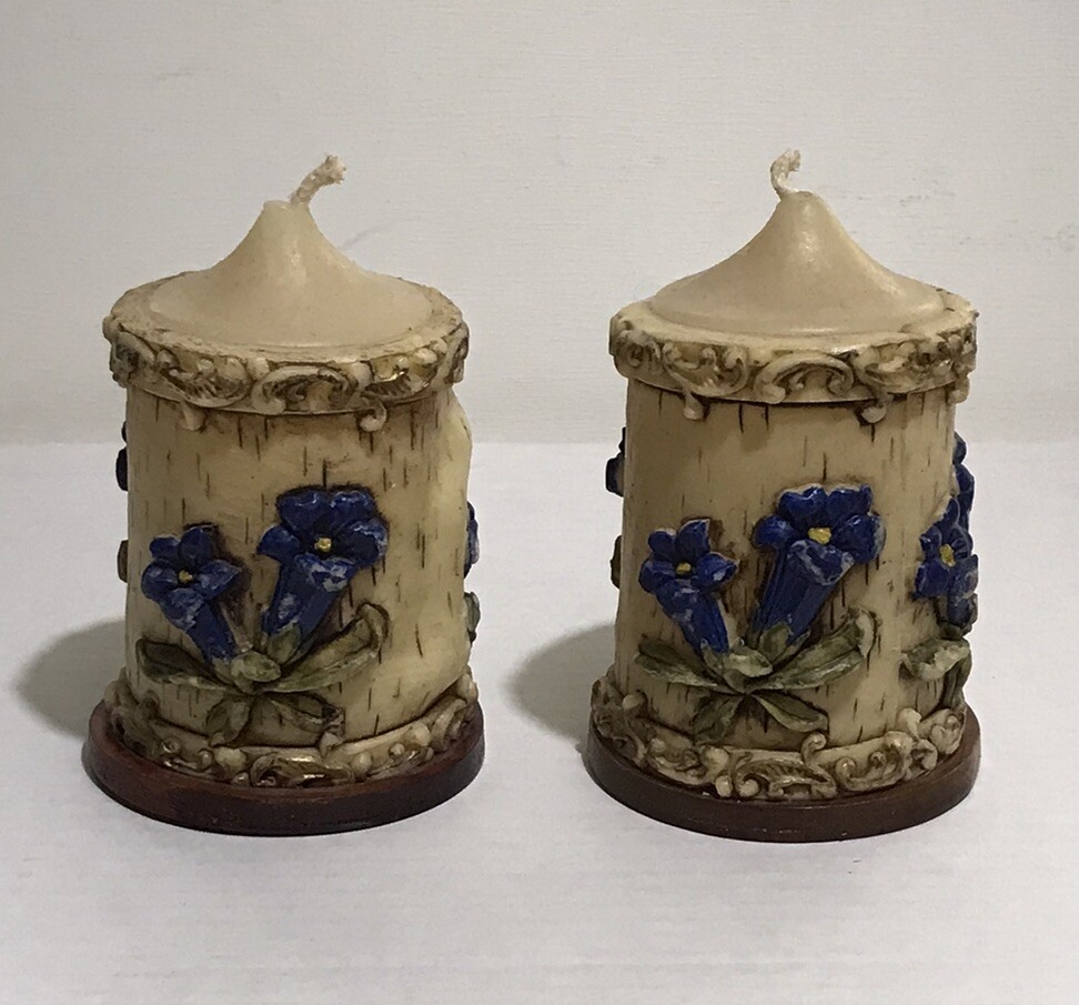 Vintage Set Of 2 Carved Flower Pillar Candles Hand Painted With Wood Base