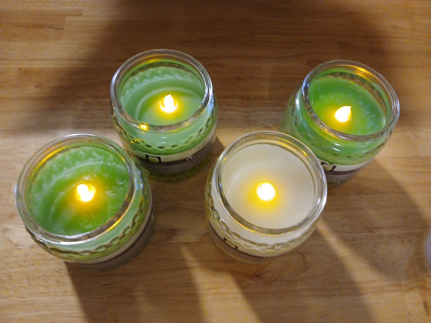Green White Flameless Candles LED Real Wax Glass Jar 4pc Lot Battery Timer Set