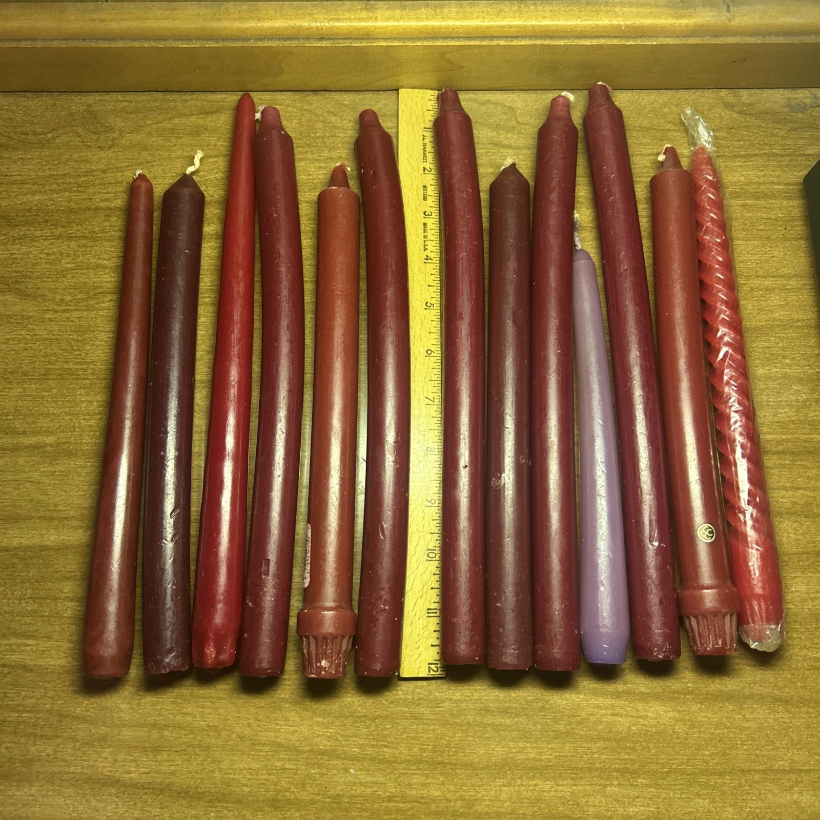 Lot of 39 Hand-Dipped Pink & Red Taper Dinner Candles – 12”
