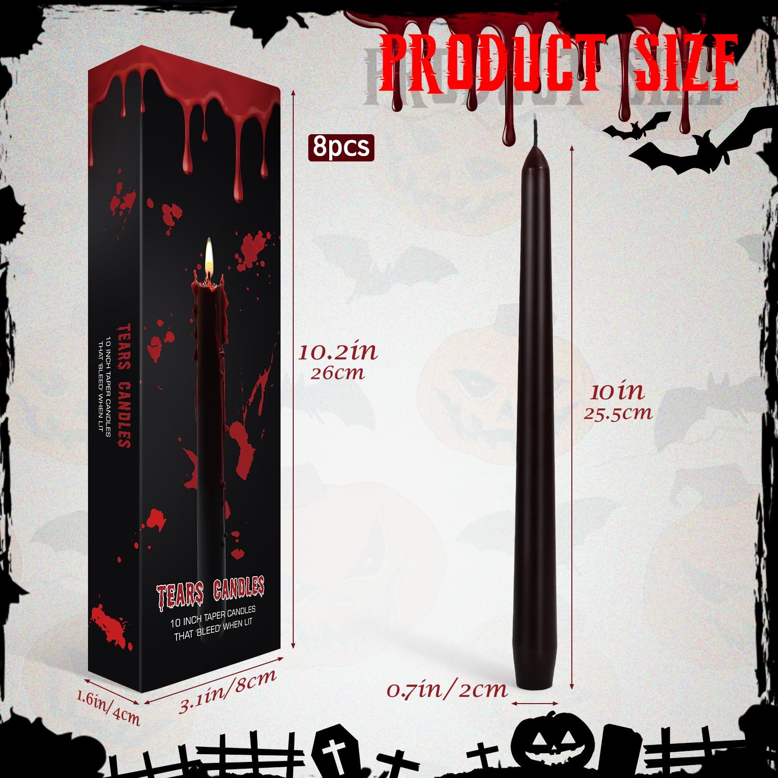8 PCS Halloween Bleeding Taper Candles 10 Inch Black Tears Gothic Decoration