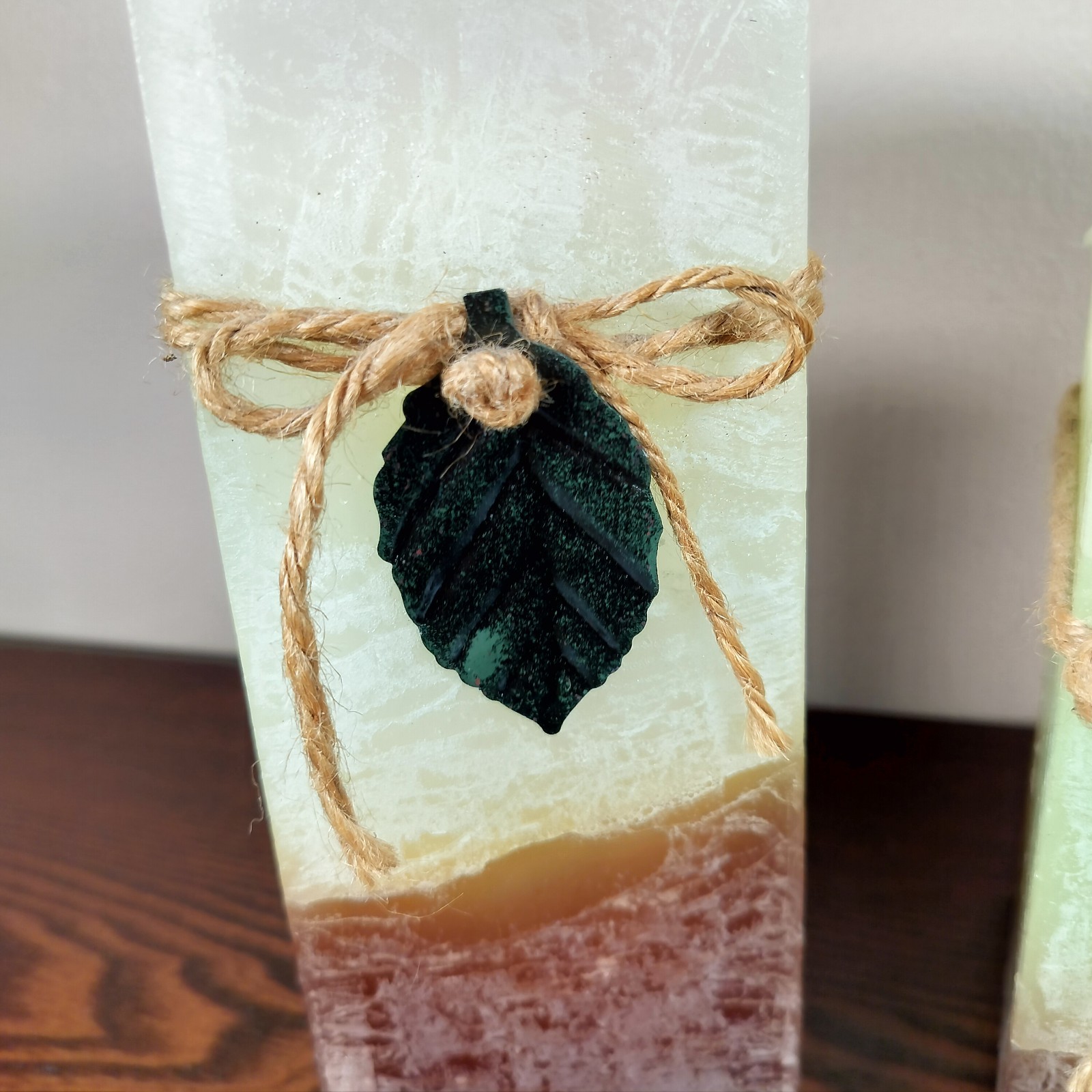 Flameless Candle Set of 2 Leaf Accent 7.5in & 6in Brown Green Cream Battery