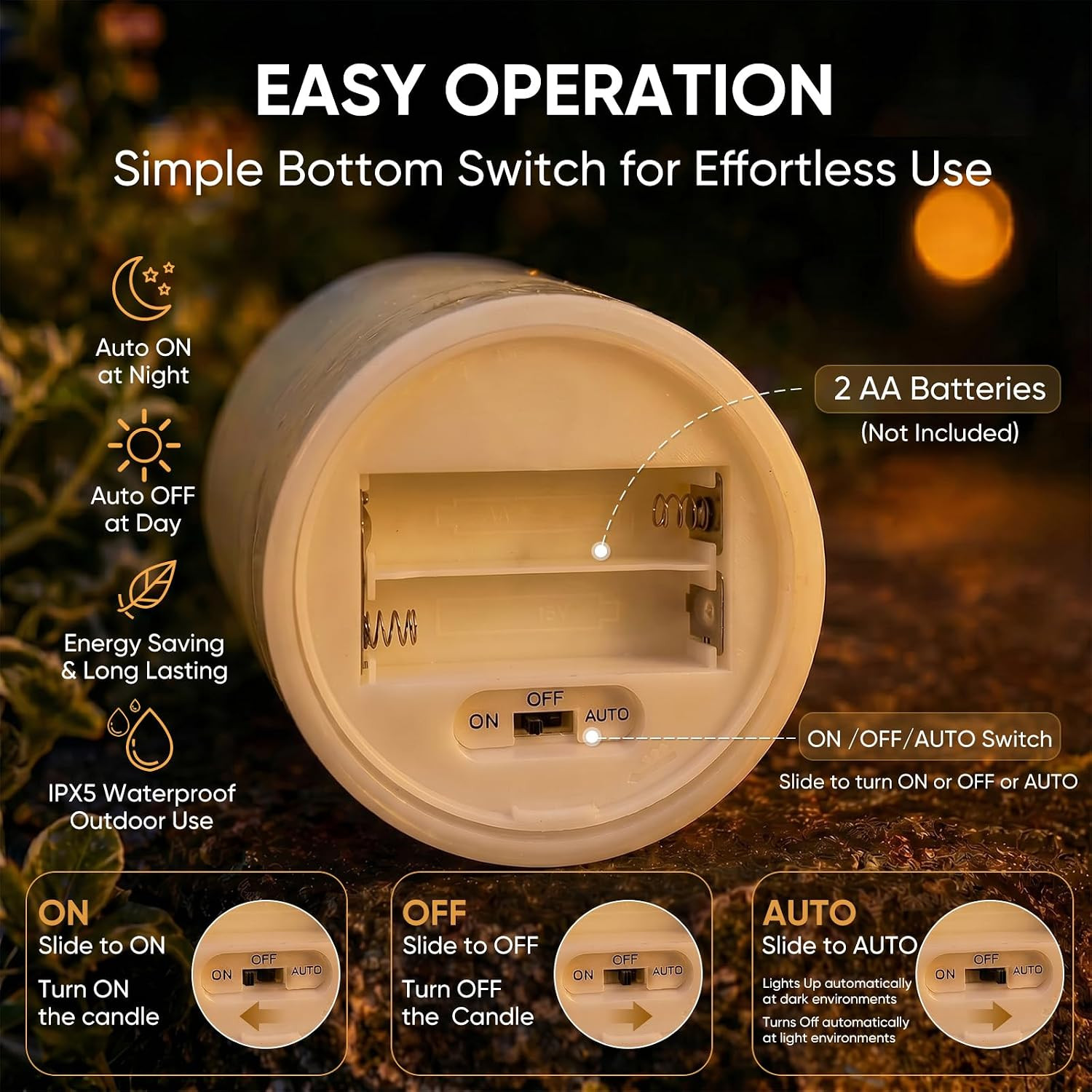 Dusk to Dawn Outdoor Waterproof Flameless Candles with Auto Light Sensor, Flicke