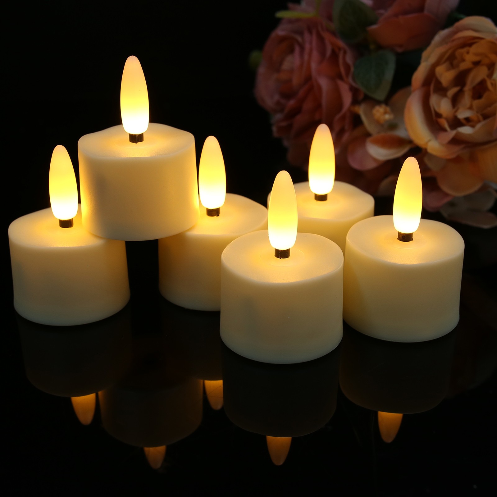 6/12x Rechargeable LED Tea Lights Flickering Flameless Candles with Timer Remote