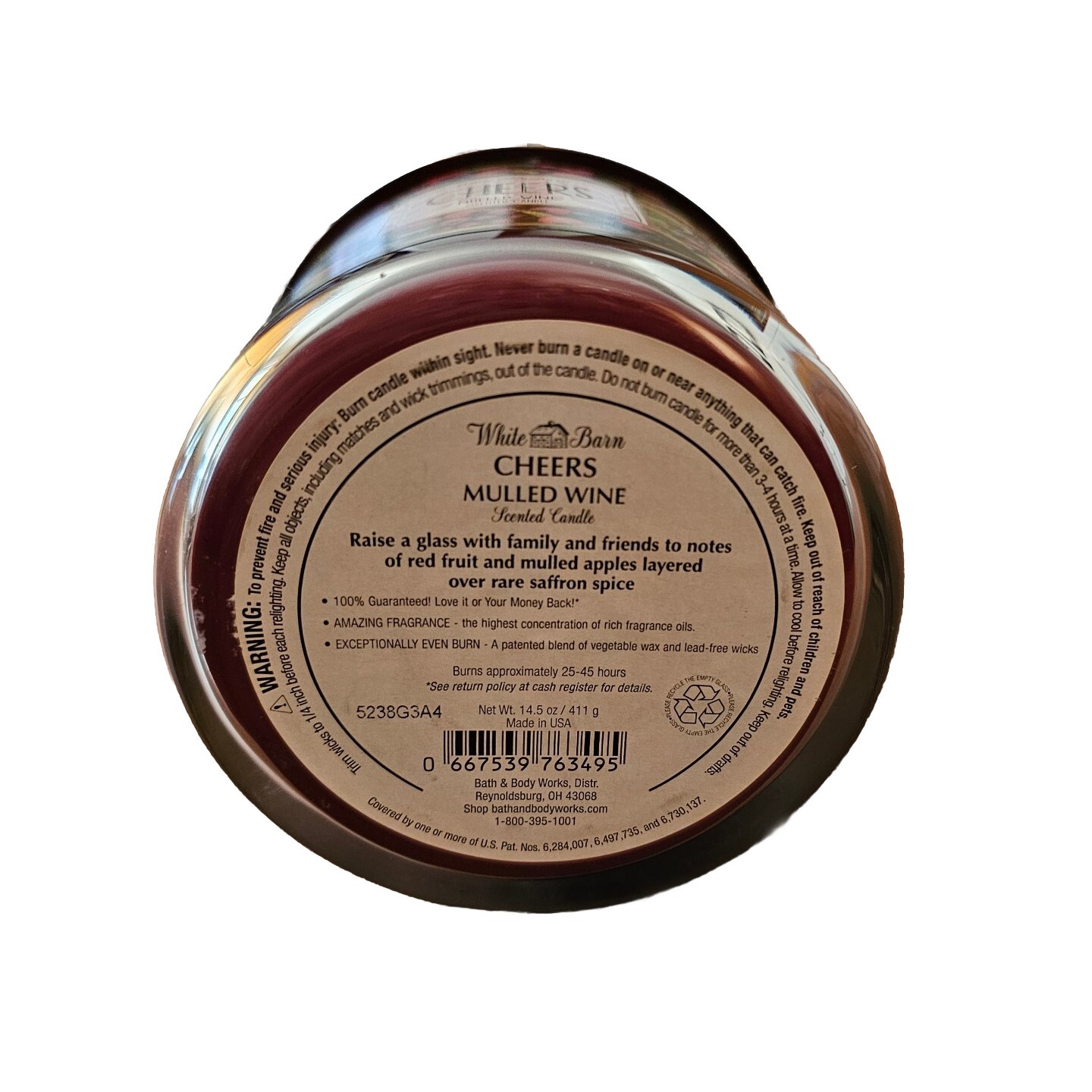White Barn Bath and Body Works CHEERS Mulled Wine 3 Wick Candle Burns 25-45 HRS