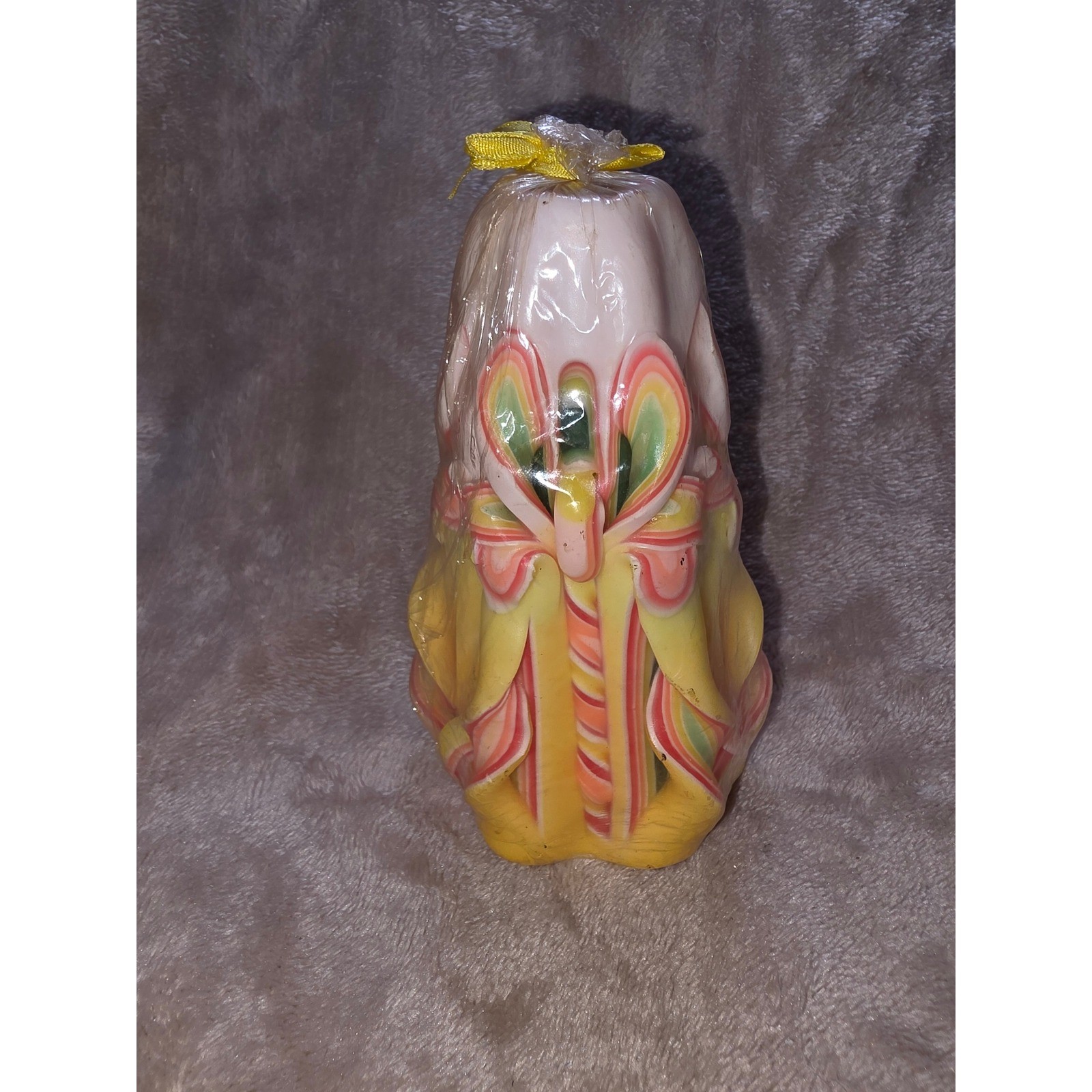 Vintage Hand Carved Pillar Candle Yellow Pink Green Layered Ribbon Wax Art Decor