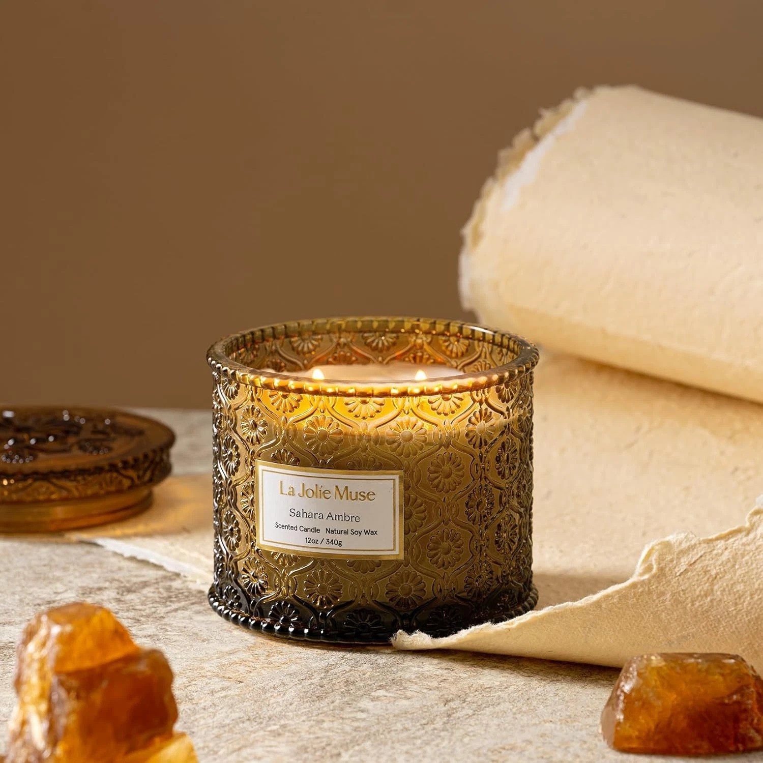 Sahara Amber Luxury Candle – 12 oz Soy Wax, 2 Wicks for 60 Hours of Bliss