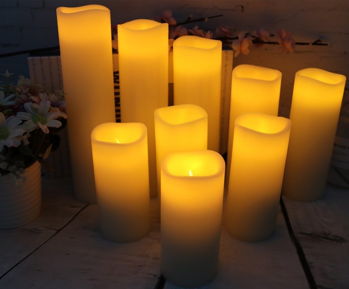 Set of 9 Cordless Ivory Flameless Pillar Candles with Remote Control & Timer