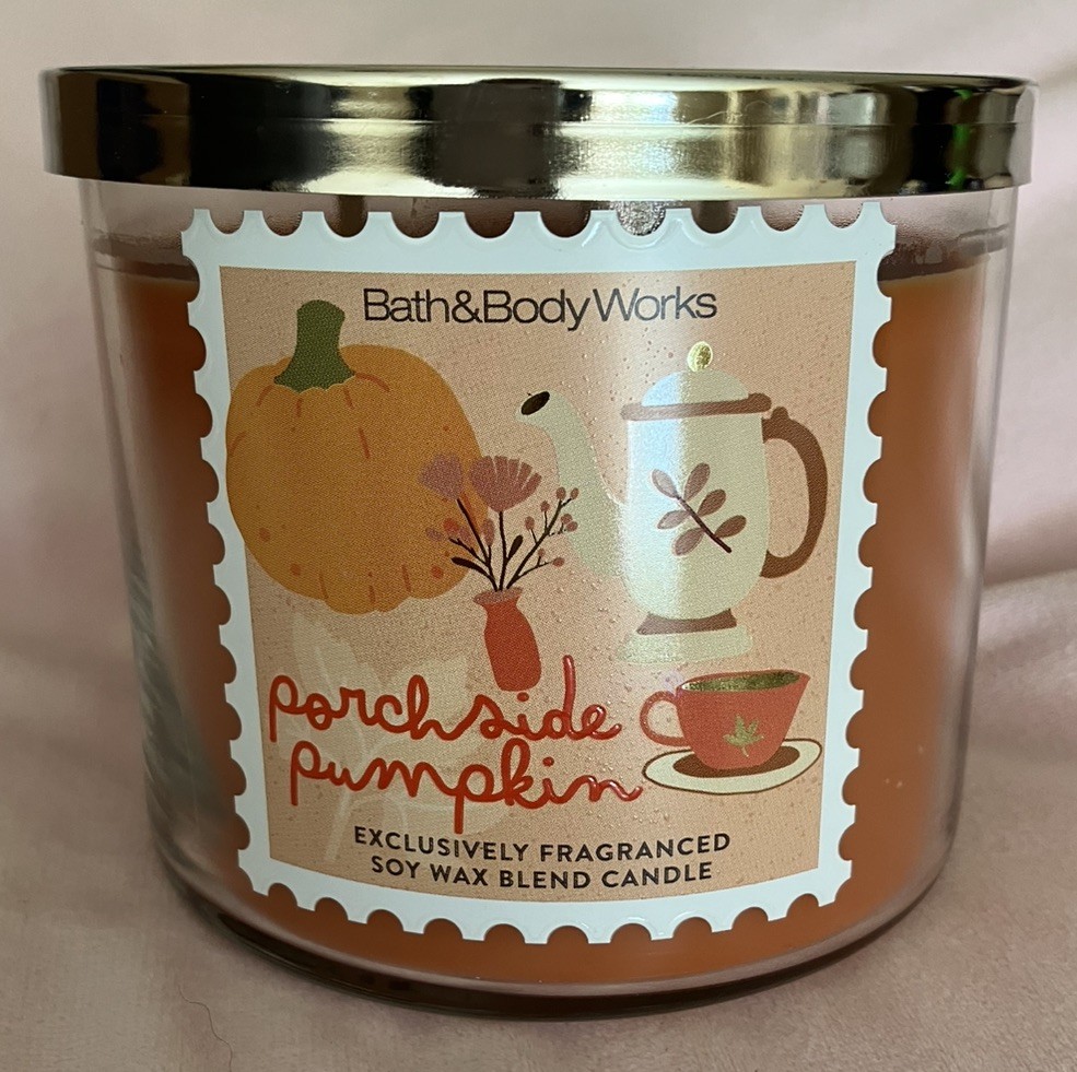 Bath & Body Works PORCHSIDE PUMPKIN Scented 3 Wick CANDLE 25-45 Hrs