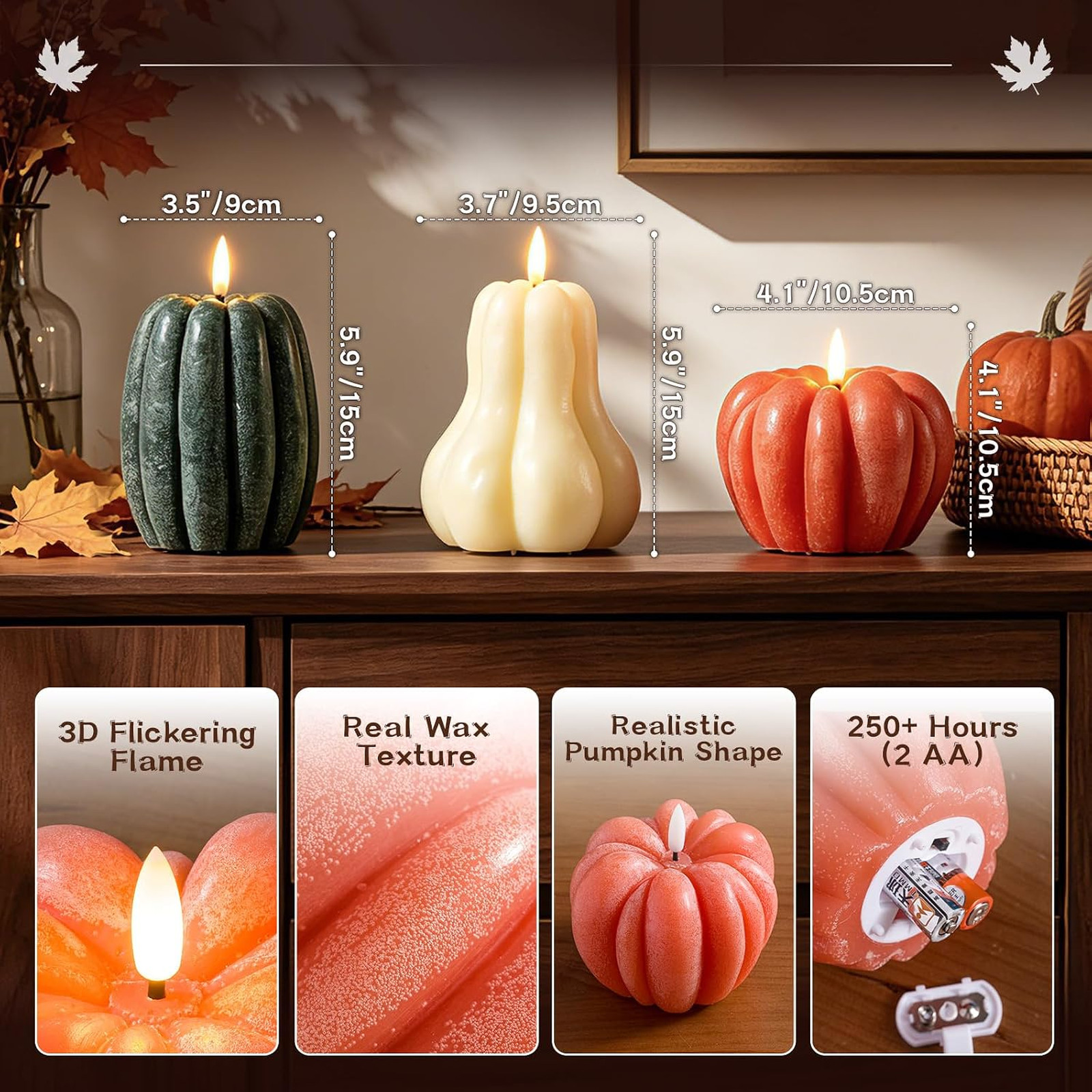 3 Pcs Fall Pumpkin Flameless Candles LED Battery Operated with Remote Real Wax