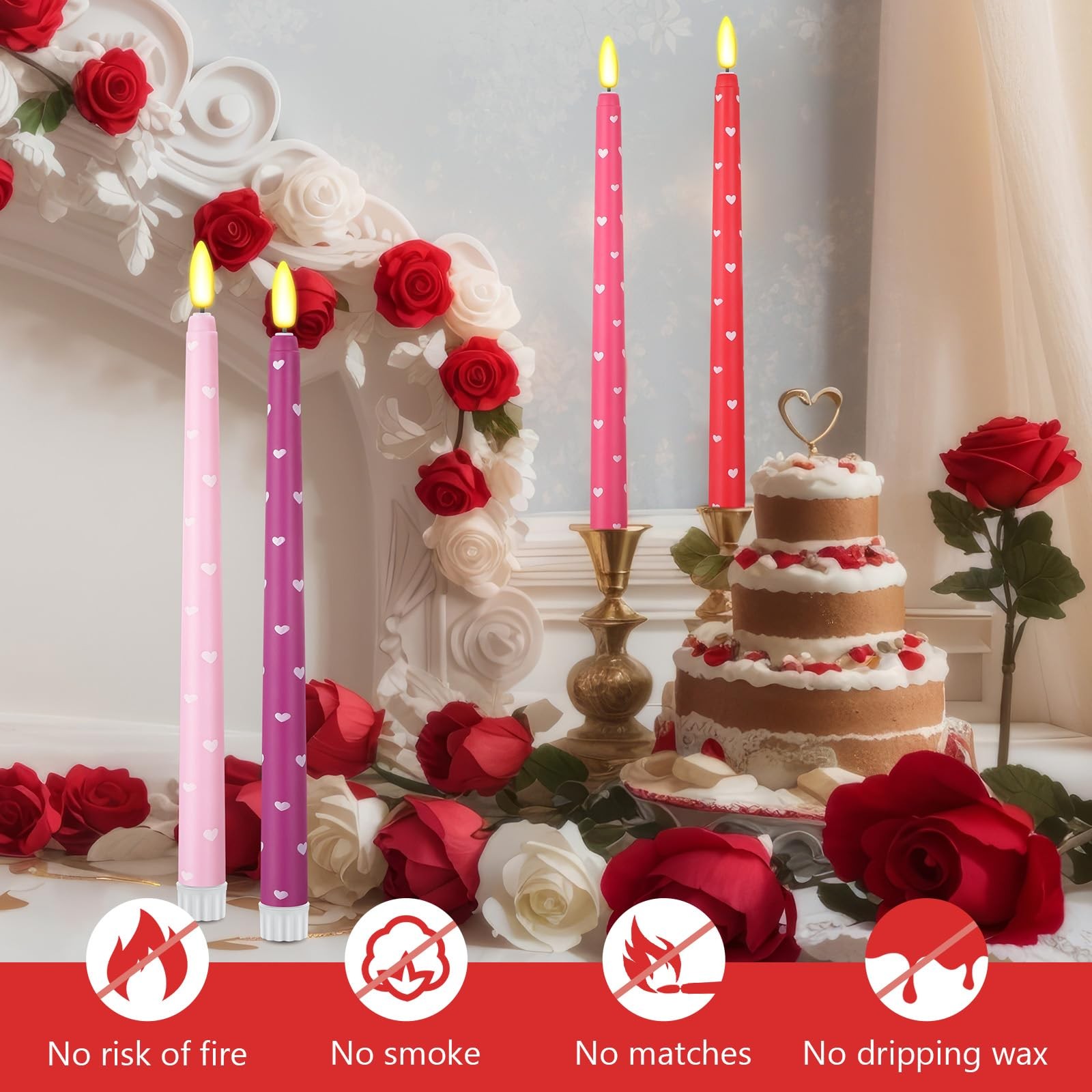 10.8 Inch Multi Color Flameless Taper Candles Heart Flickering LED 8 PCS