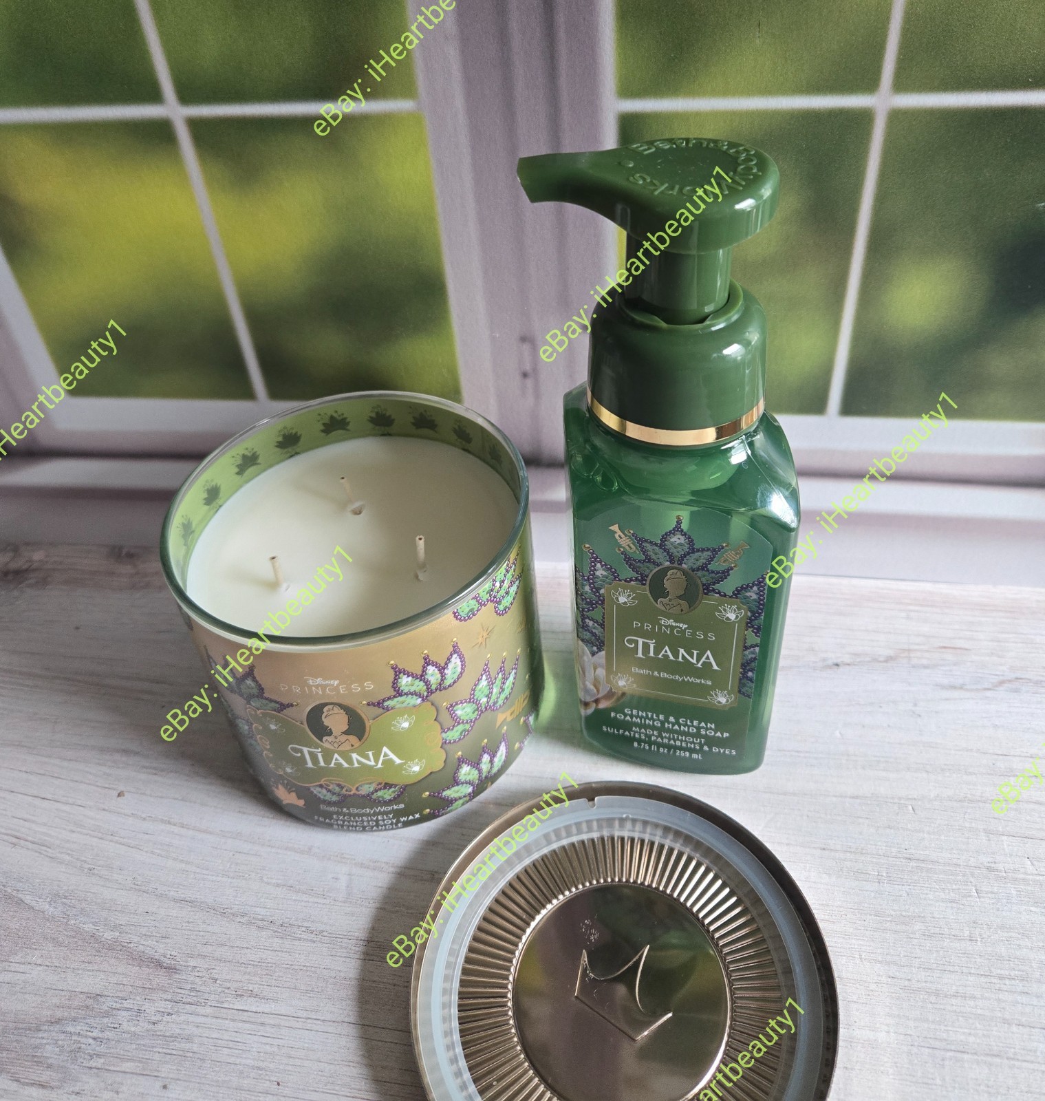 bath and body works disney princess tiana 3 wick candle & foaming hand soap