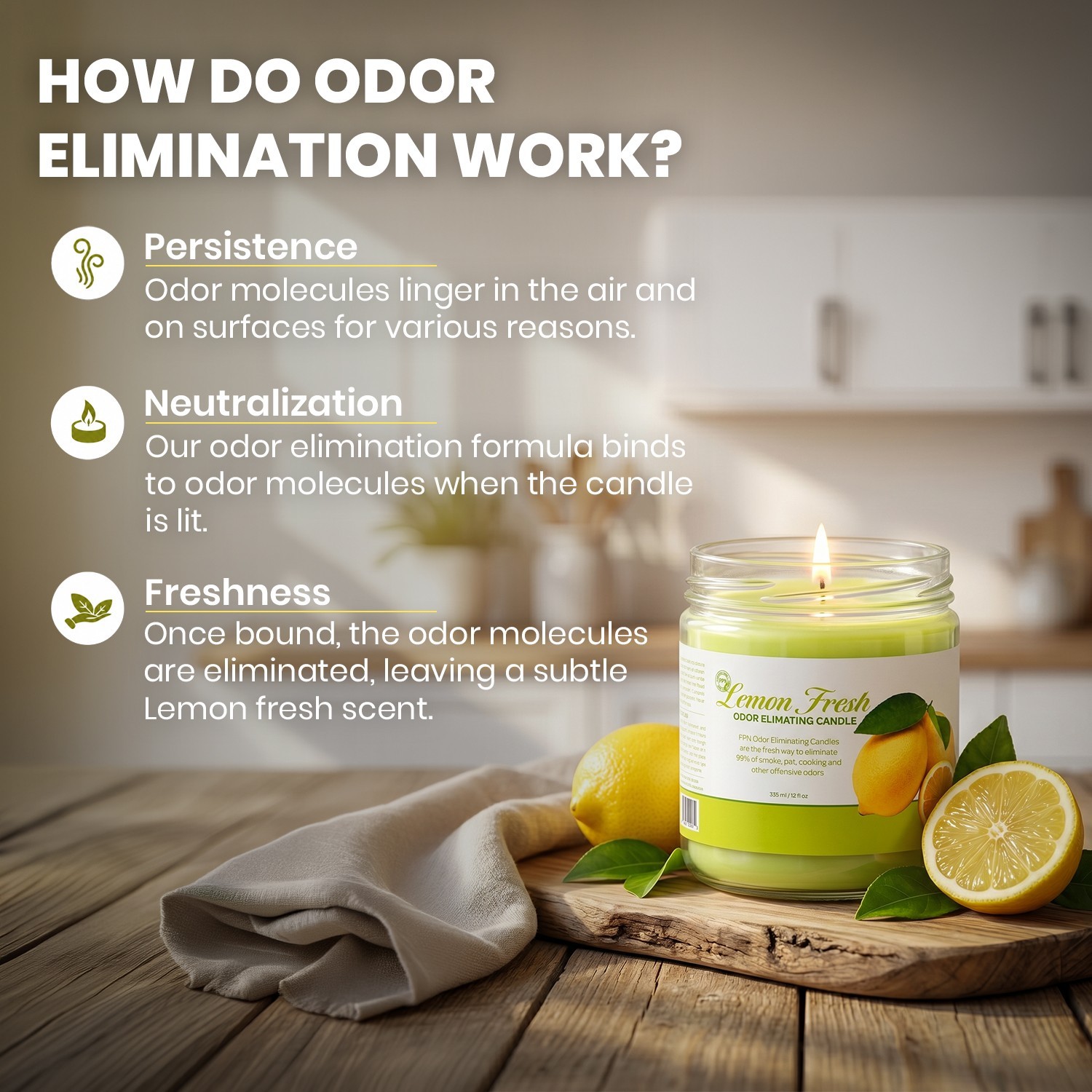 FPN Smoke & Cooking Odor Eliminator Candles 12oz Soy Wax Candle Lemon Scent 2 Pc