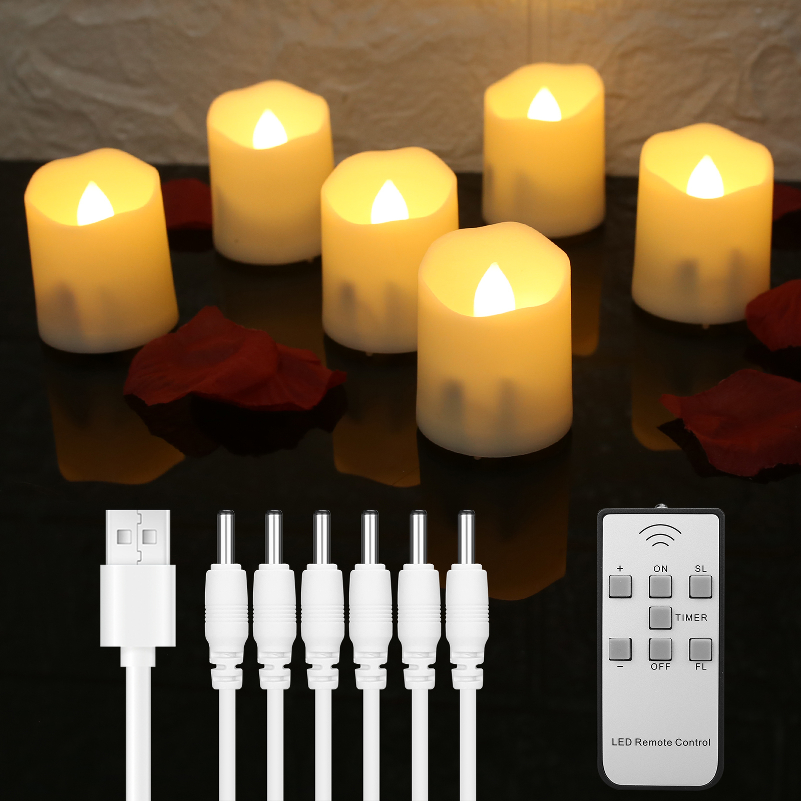 6PCS Rechargeable Flameless Flickering LED Candles Tea Lights with Timer Remote