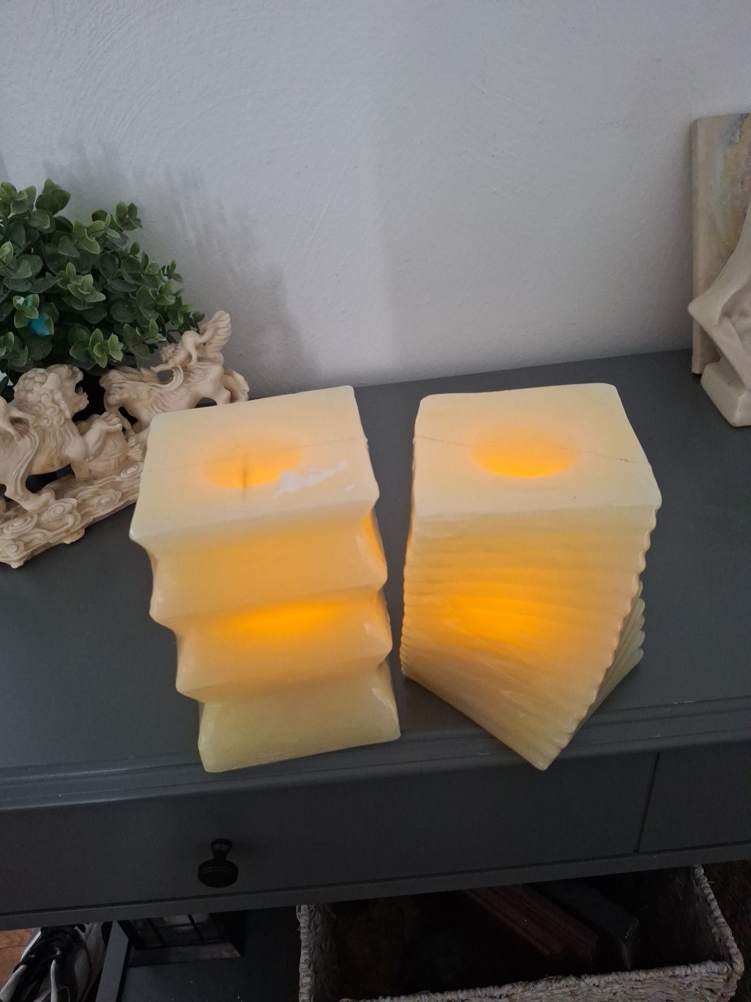 2 Flameless Candles New Yellow/Butter 6″x4″ Vanilla Scented Modern Abstract