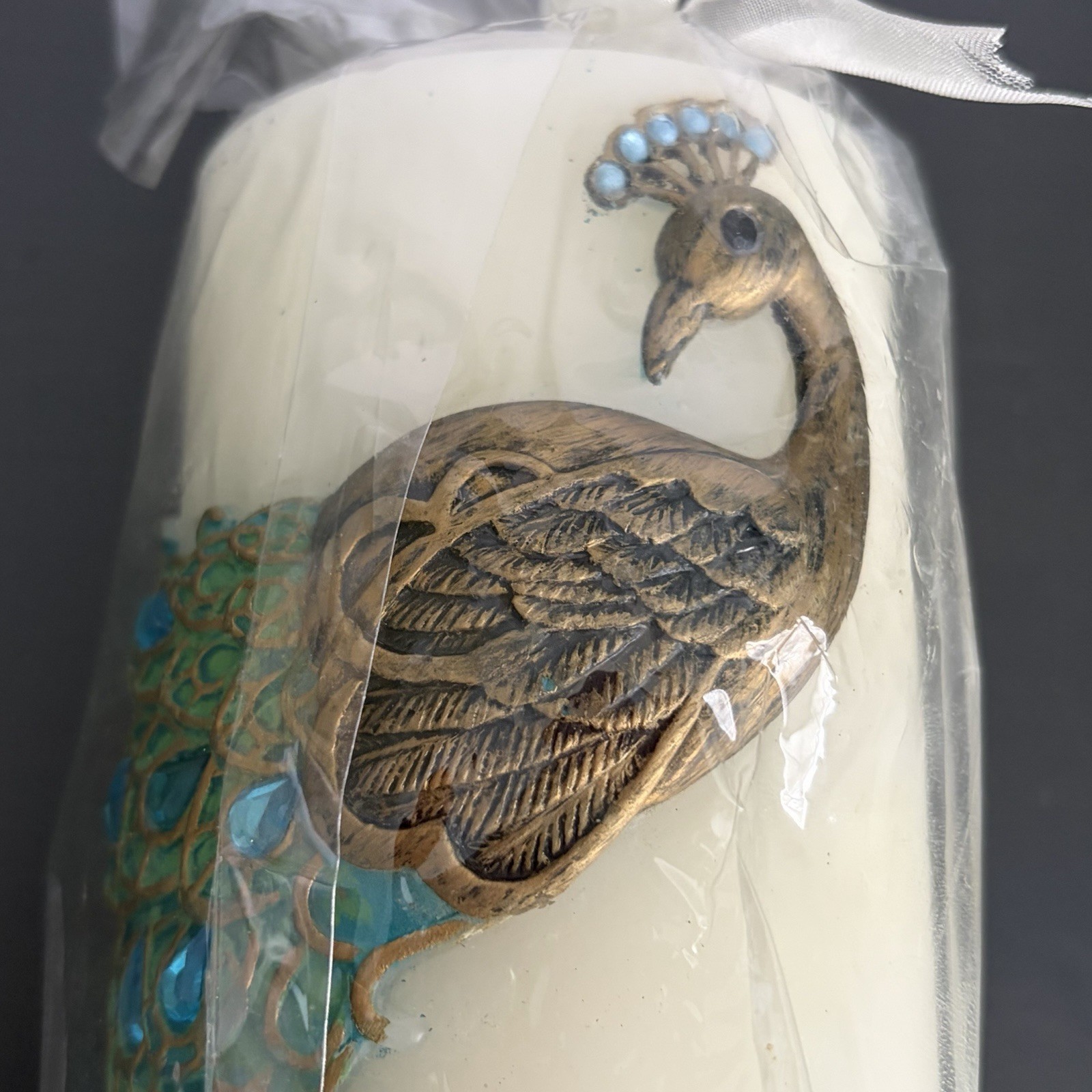 Pier One Peacock Candle Unscented Pillar 6 in Jeweled Feathers Original Package