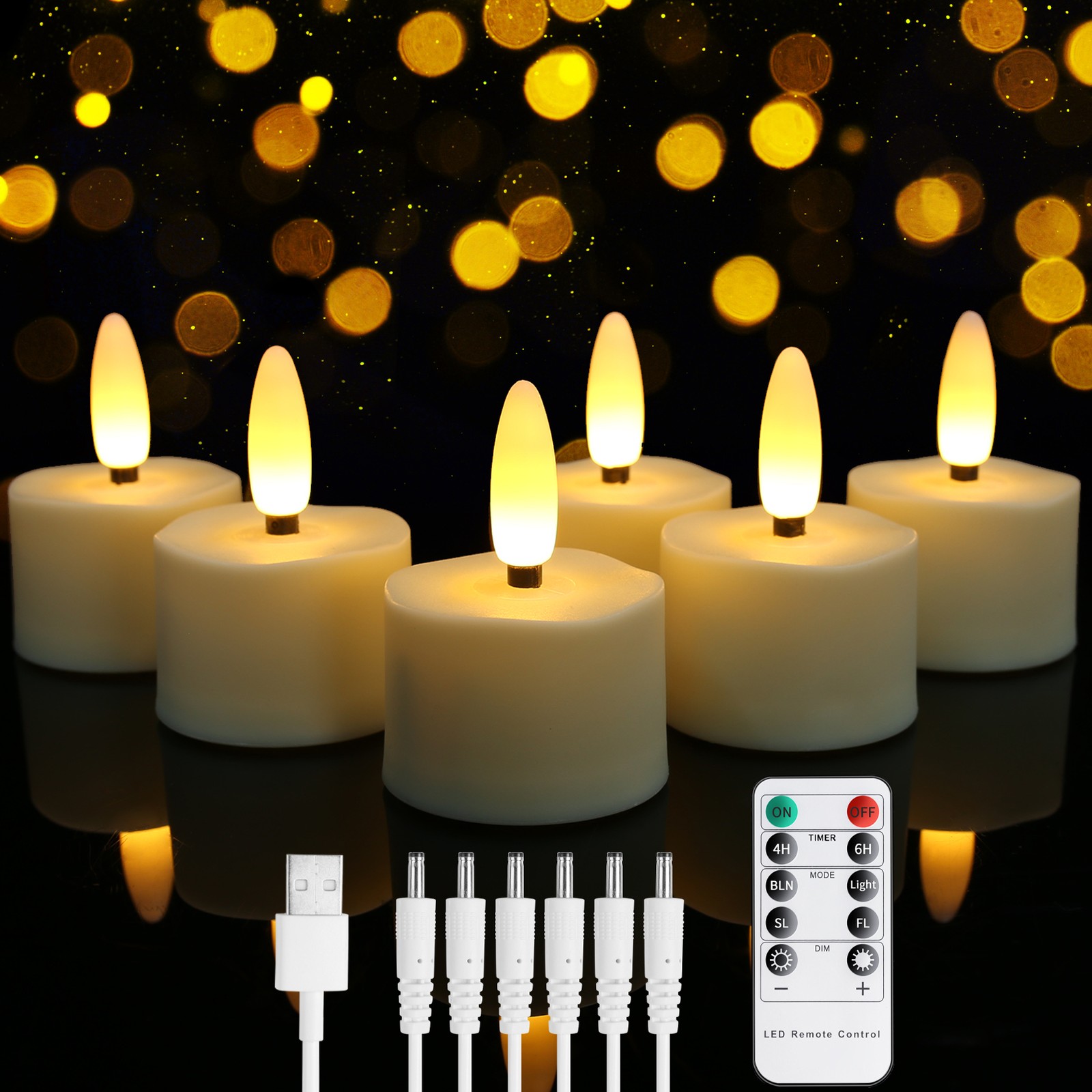 6pcs Flameless Rechargeable LED Tea Lights Flickering Candles with Timer Remote