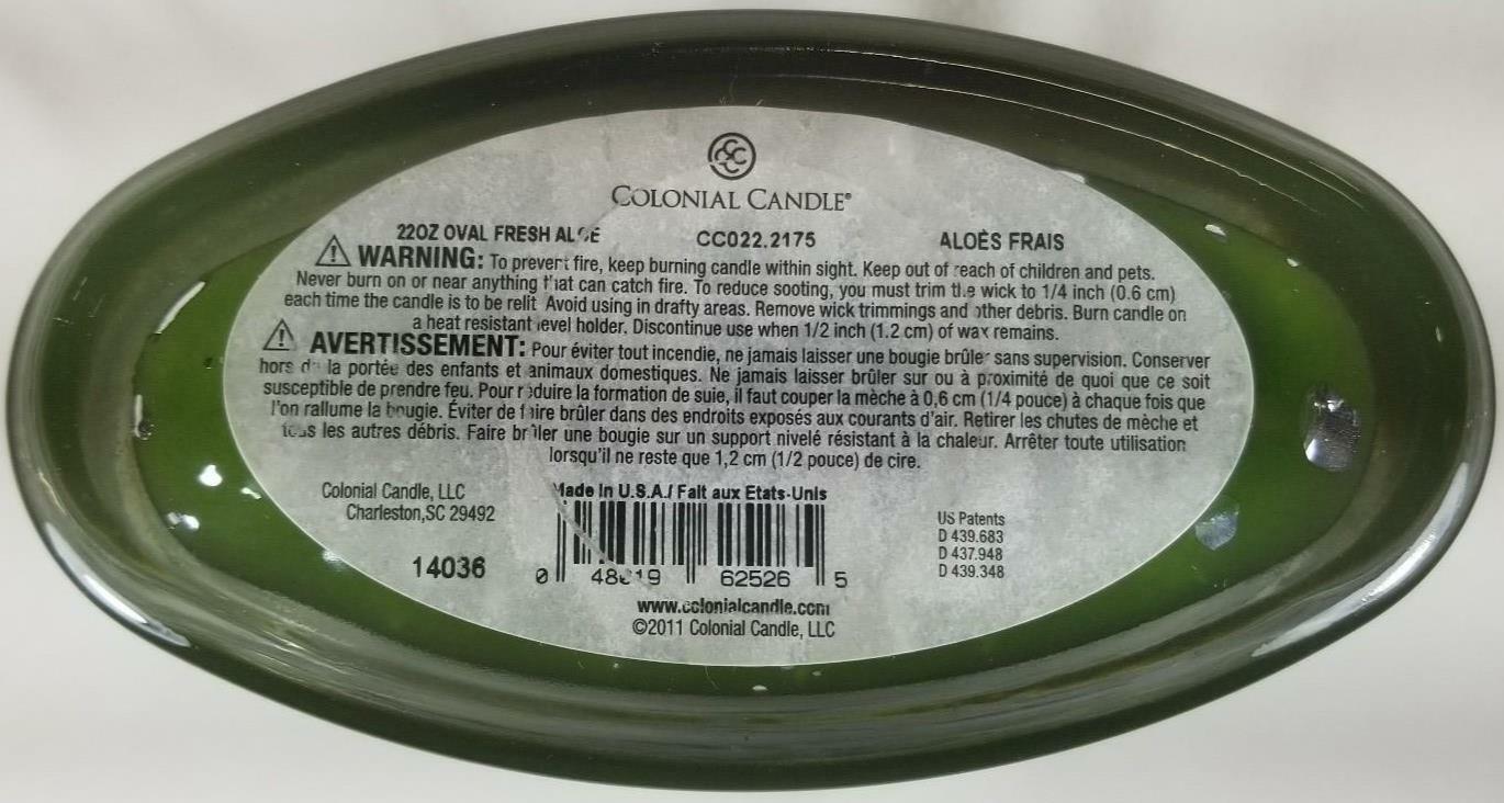 Colonial Candle FRESH ALOE Large Oval Jar 22 Oz Green Discontinued Wax