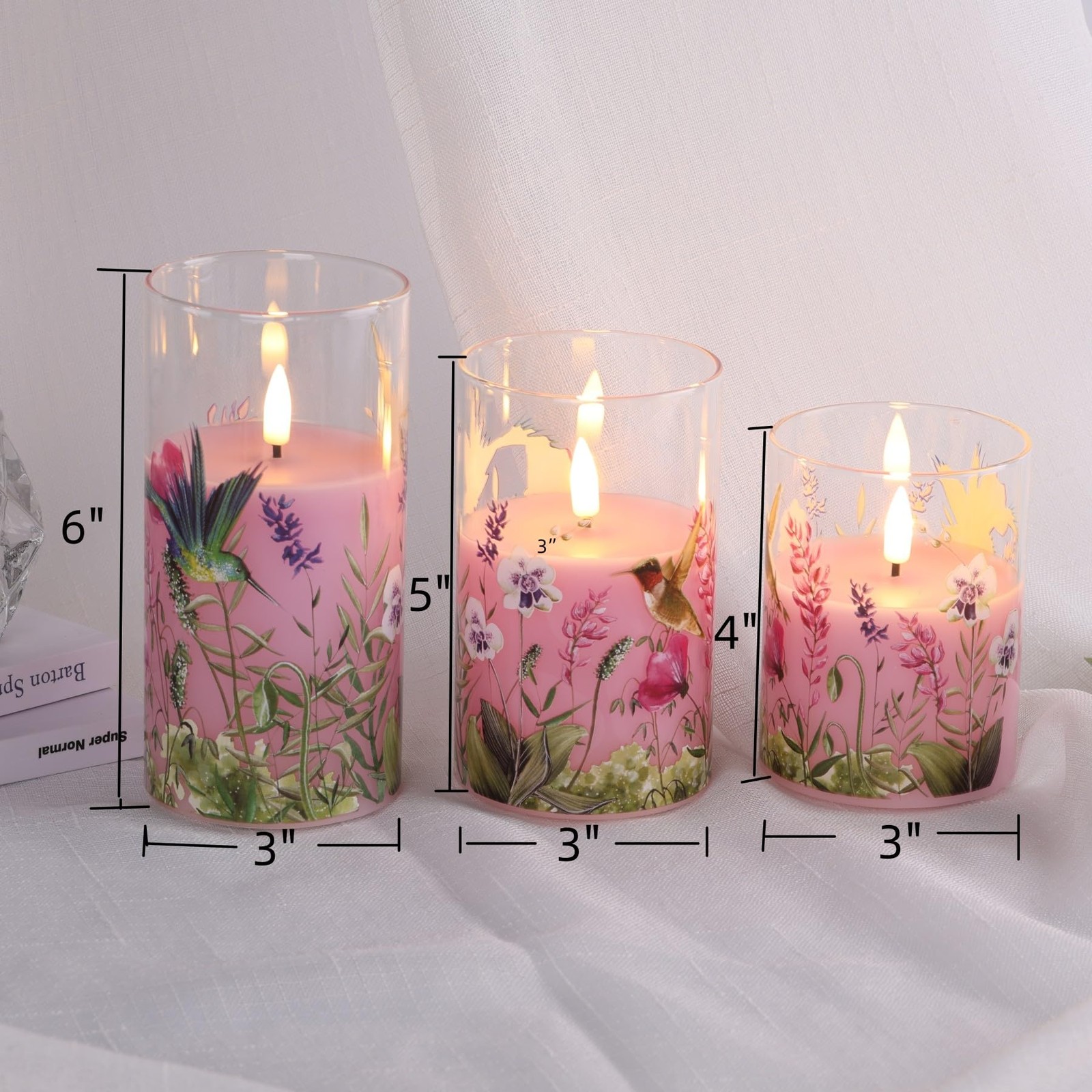 Eywamage Pink Hummingbird Floral Glass Flameless Candles with 3,