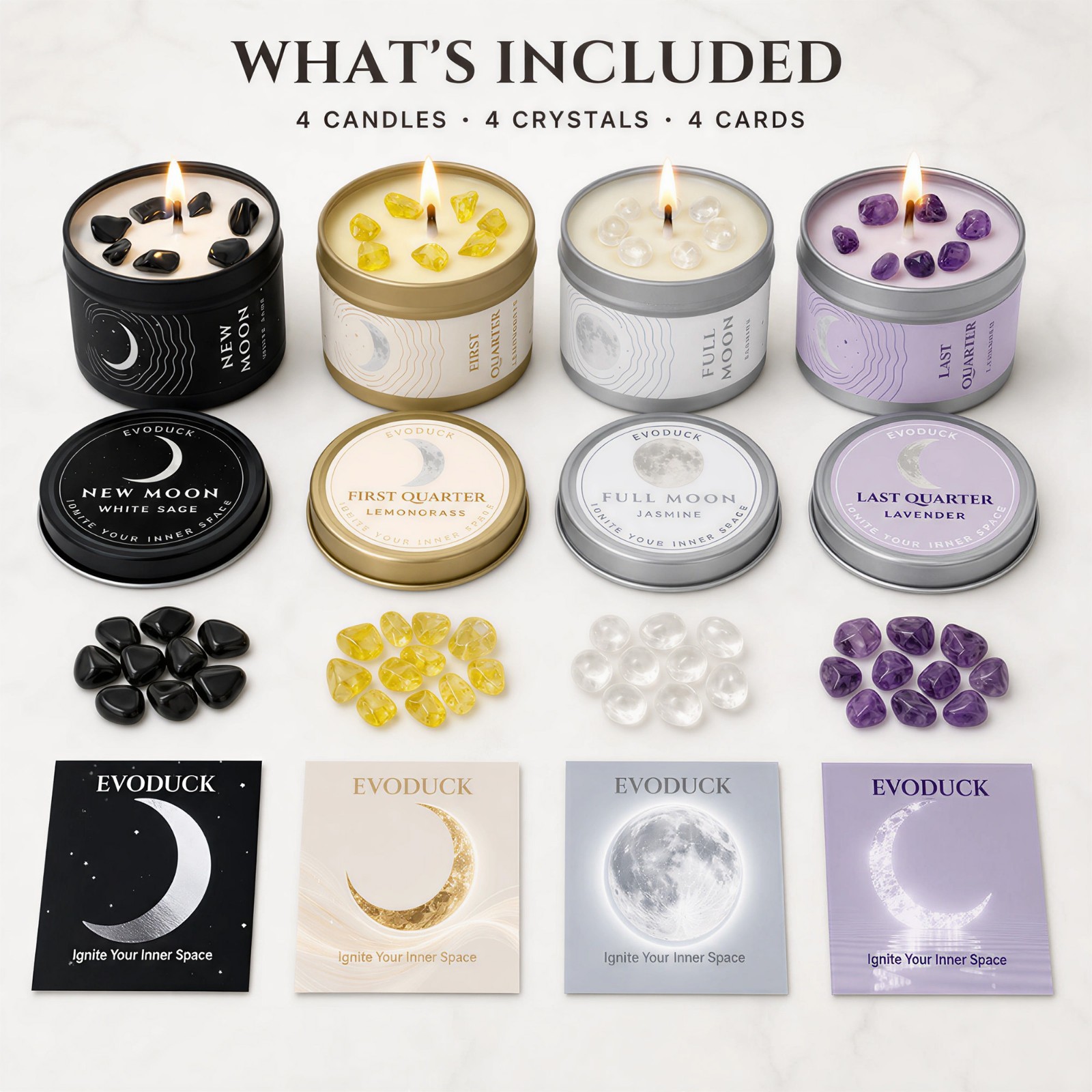Moon Phase Candle Set 4 Crystal Soy Candles Witchy Celestial Gift Set