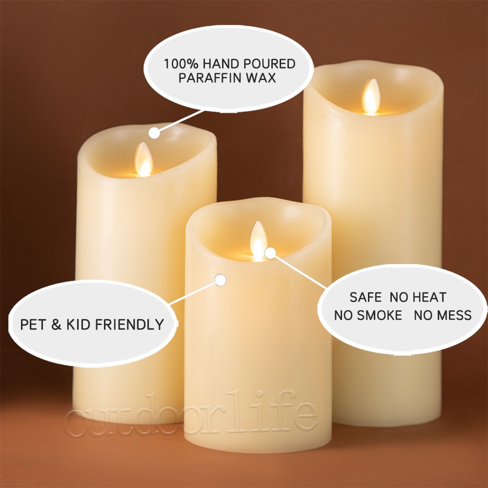 Set of 3 Luminara Flameless LED Pillar Wax Candles w/Moving Flame Remote Ivory